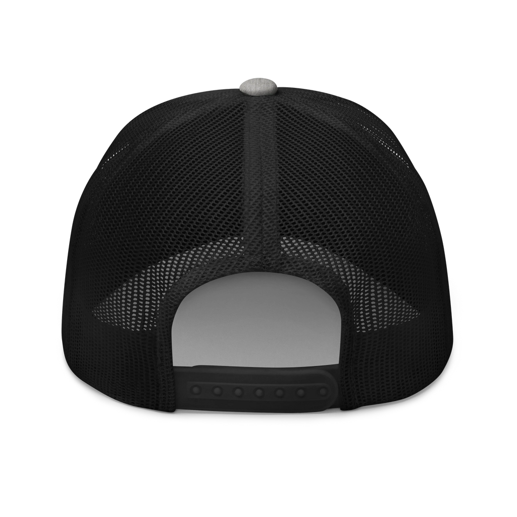 Birdie National grey and black trucker hat featuring a breathable mesh back and adjustable snapback closure