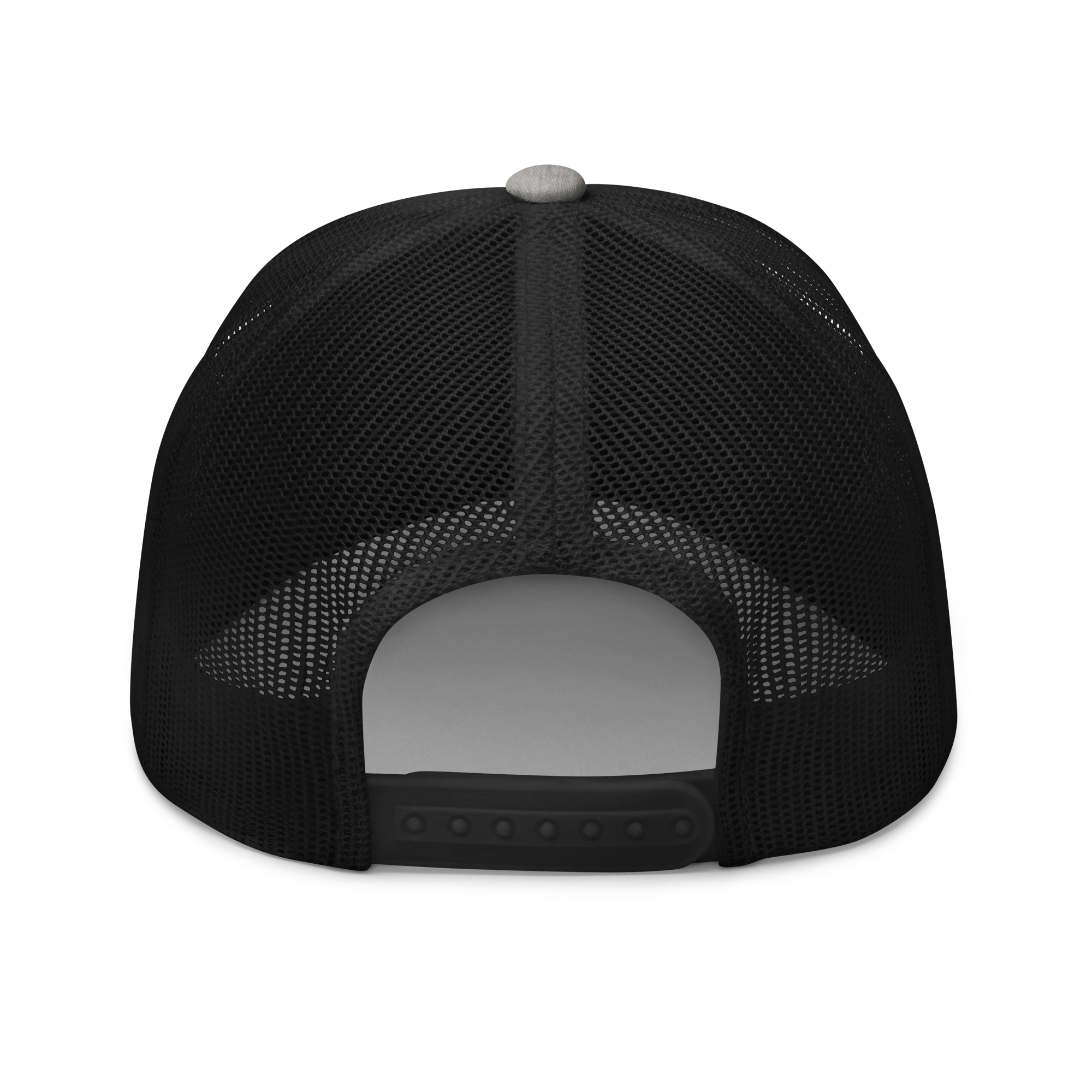 Birdie National grey and black trucker hat featuring a breathable mesh back and adjustable snapback closure