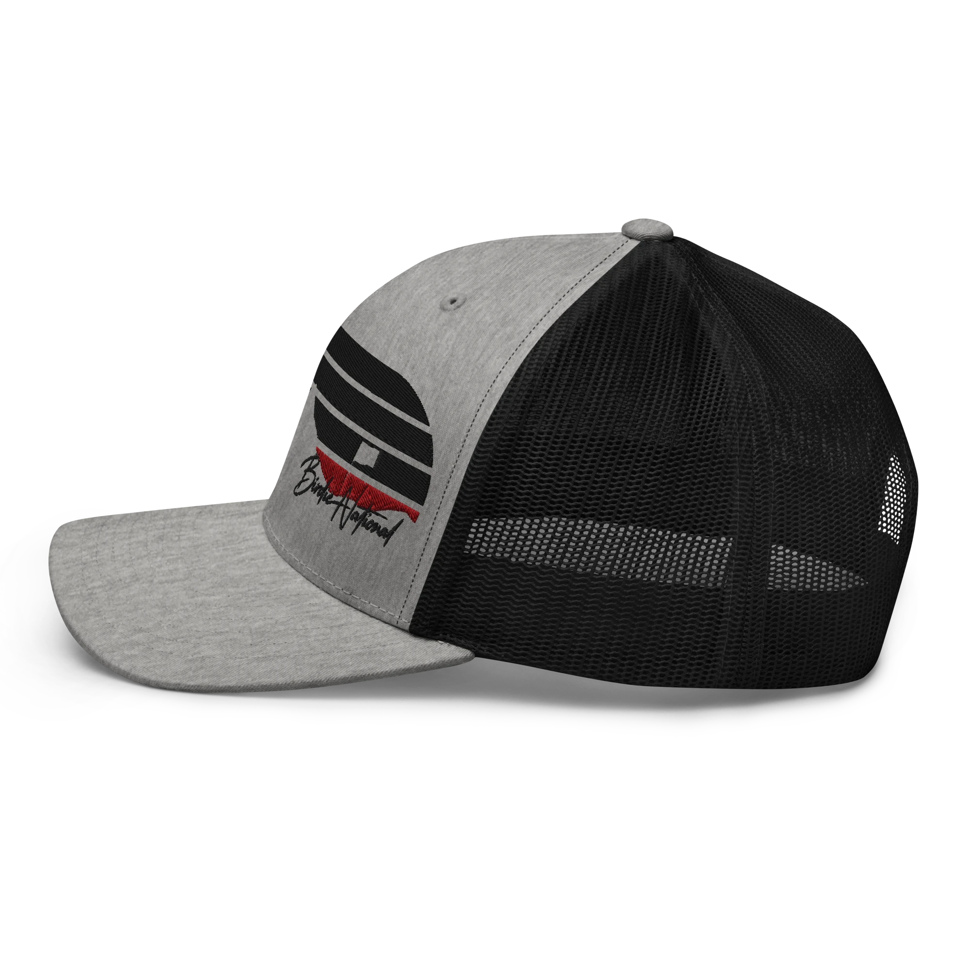 Birdie National grey and black six-panel trucker cap with mesh back and embroidered logo on the front