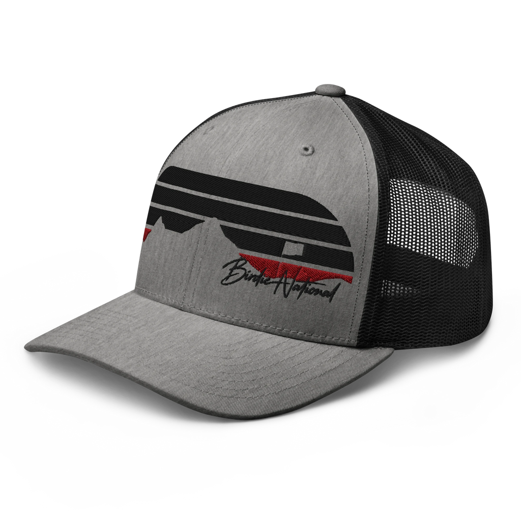 Birdie National grey and black six-panel trucker cap with mesh back and embroidered mountain logo on front