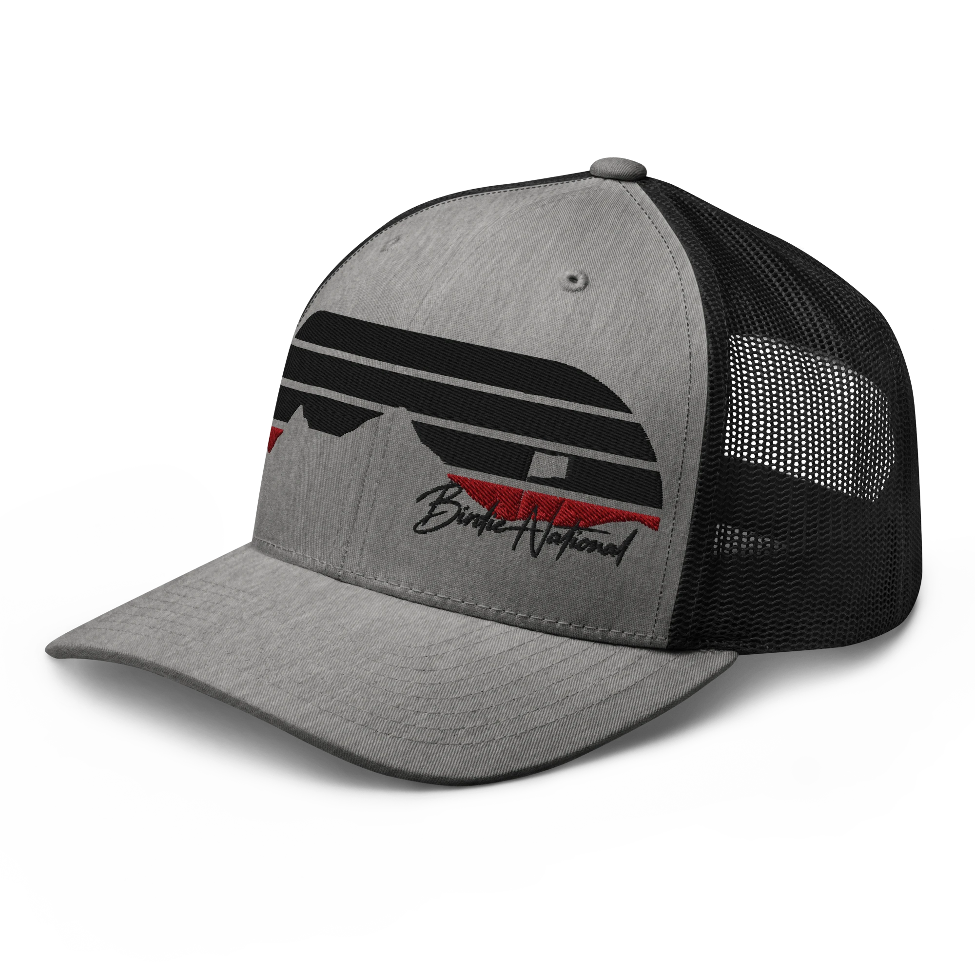 Birdie National grey and black six-panel trucker cap with mesh back and embroidered mountain logo on front
