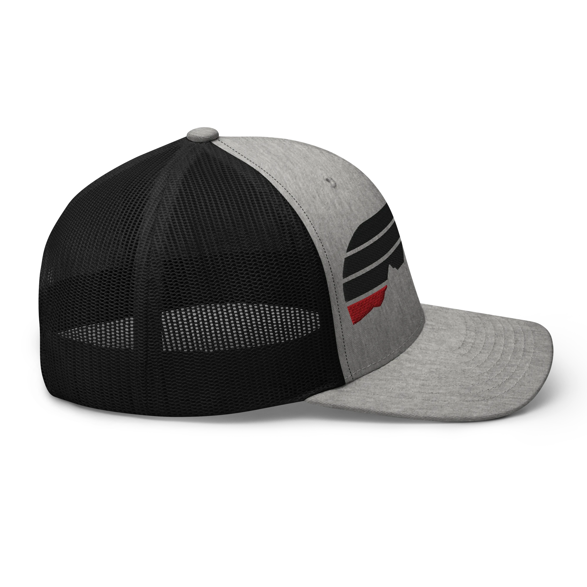 Birdie National six-panel trucker cap in grey and black with a mountain graphic and mesh back.