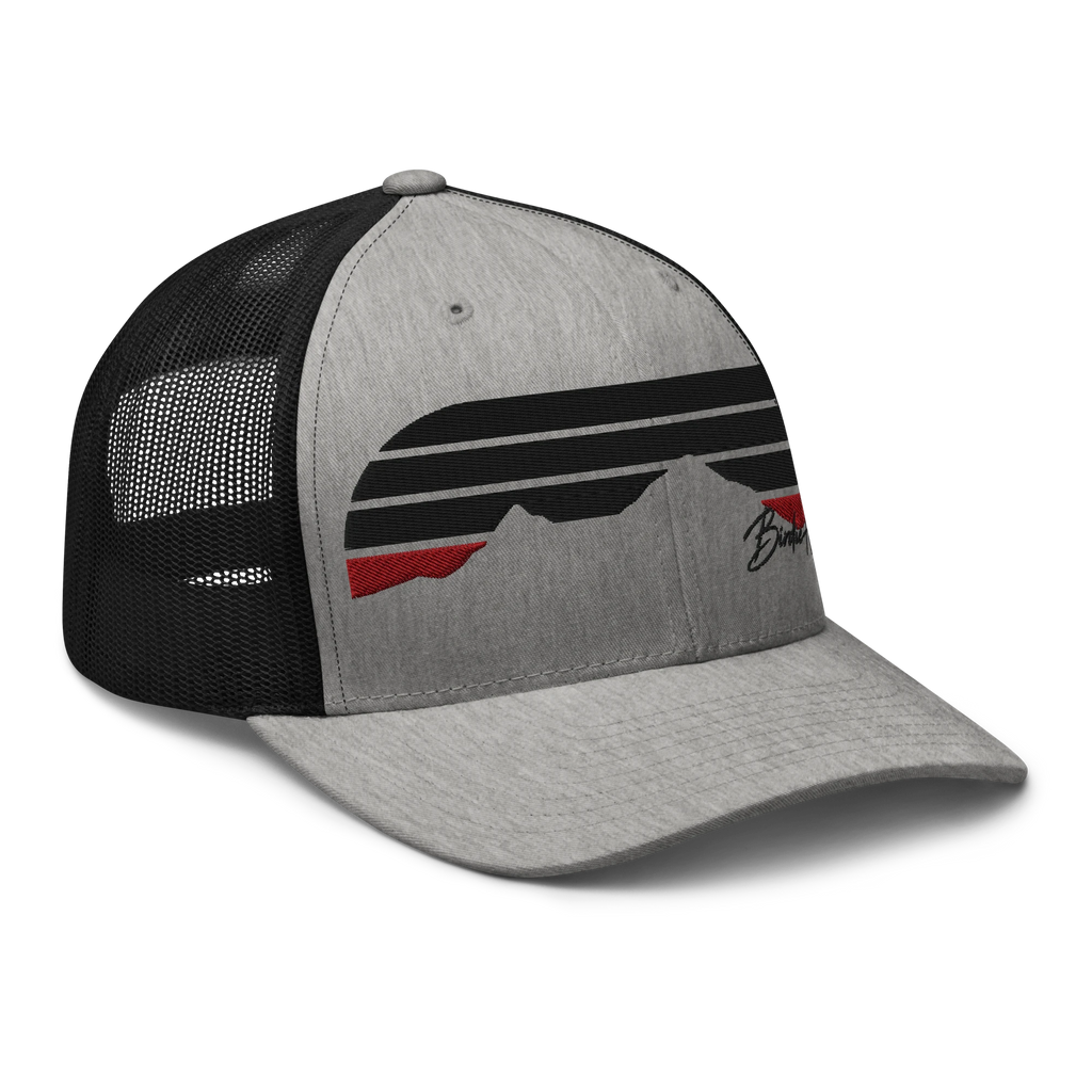 Birdie National grey and black trucker cap with mountain graphic embroidery and breathable mesh back