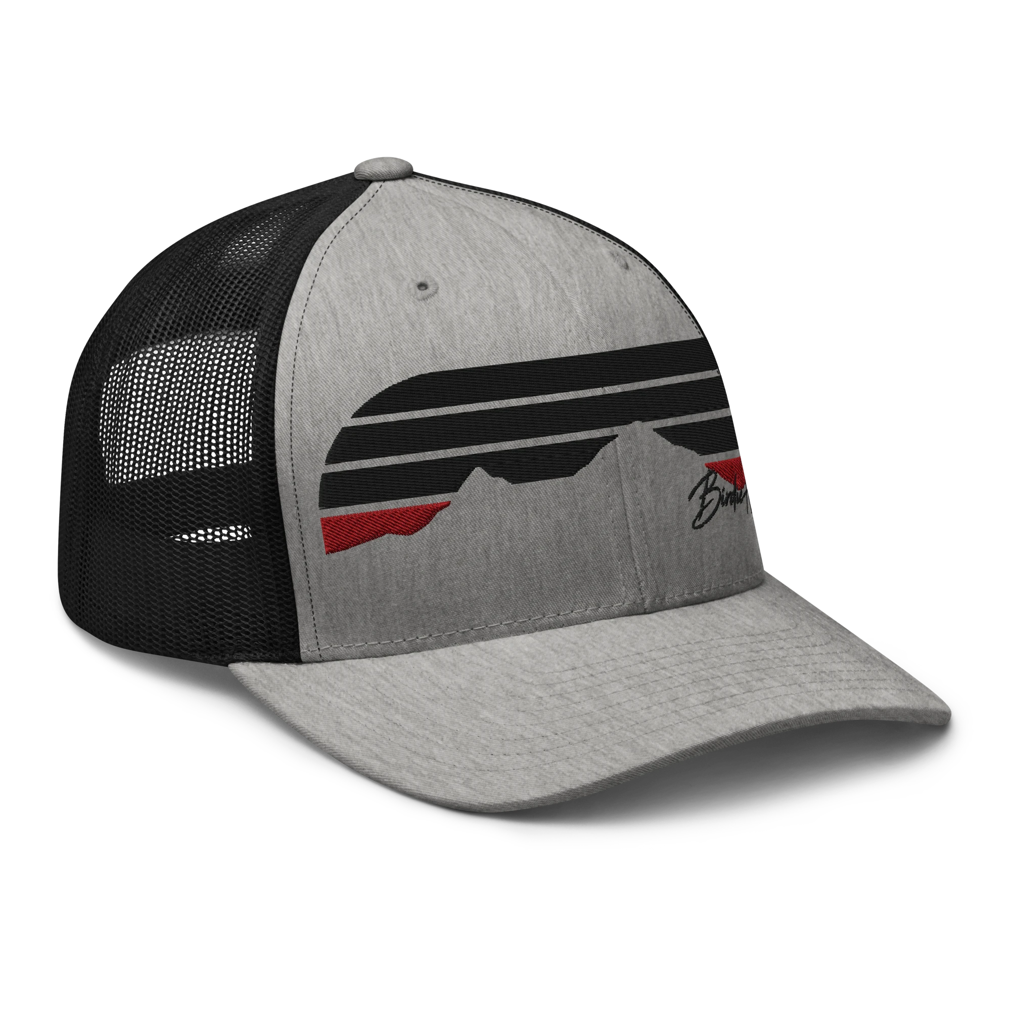 Birdie National grey and black trucker cap with mountain graphic embroidery and breathable mesh back
