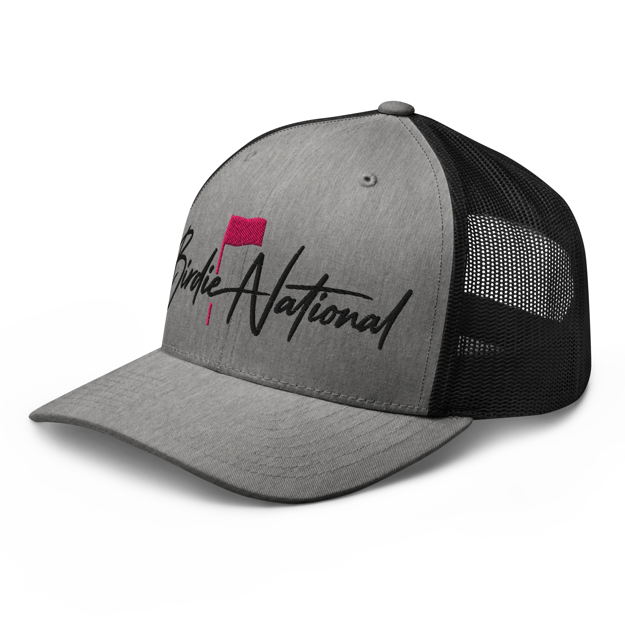 Birdie National grey and black mesh back trucker hat with pink flag embroidery on the structured front panel.