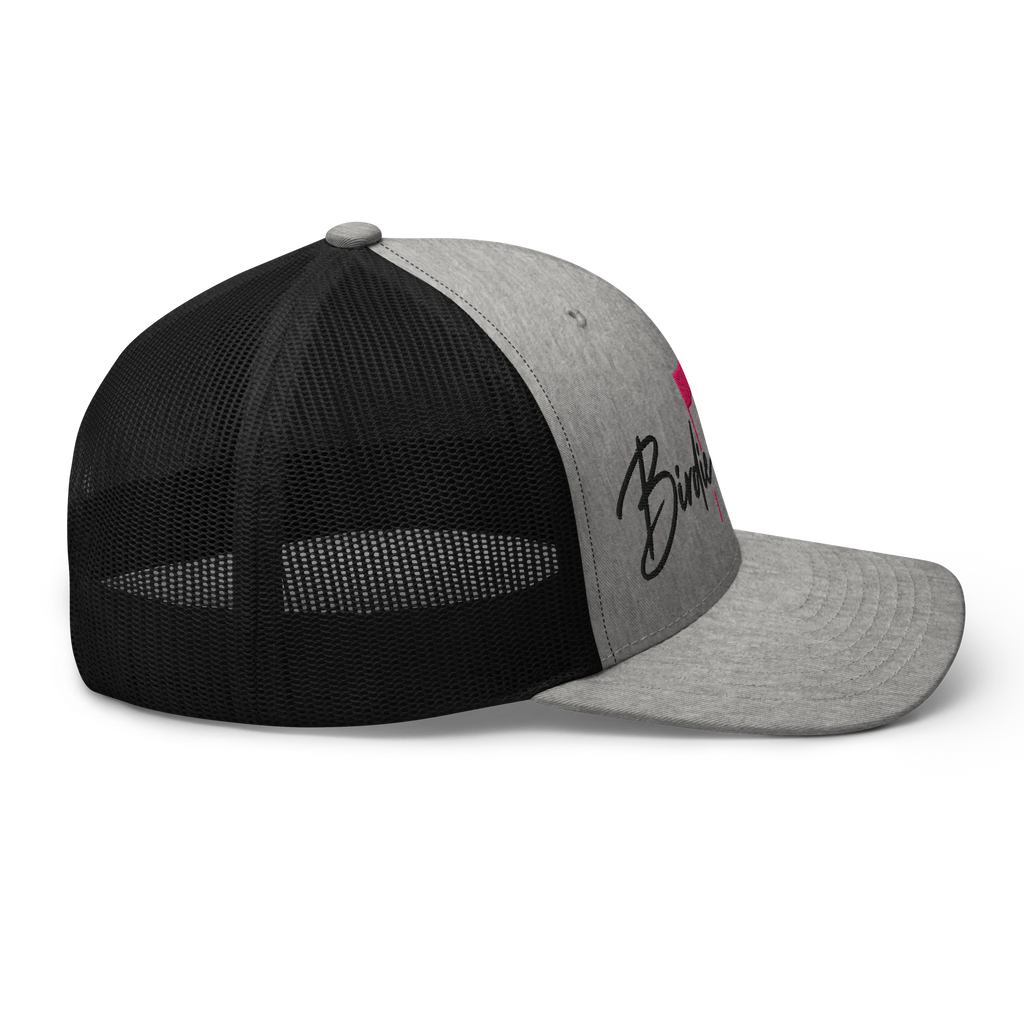 Birdie National grey and black trucker hat with mesh back and embroidered logo, side profile view.