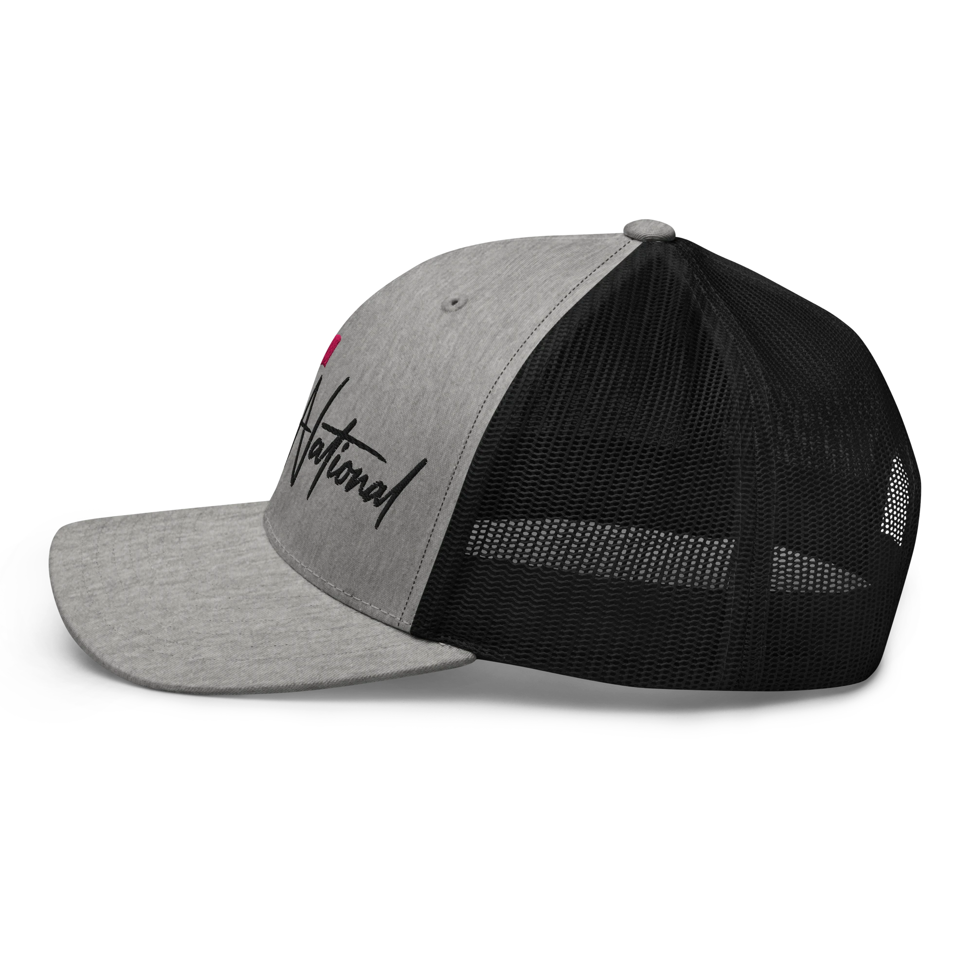 Birdie National grey and black trucker hat with embroidered logo and breathable mesh back, side profile view.