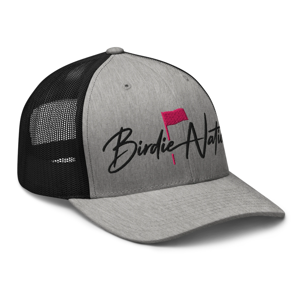 Birdie National grey and black trucker hat with mesh back and embroidered logo on the front panel.