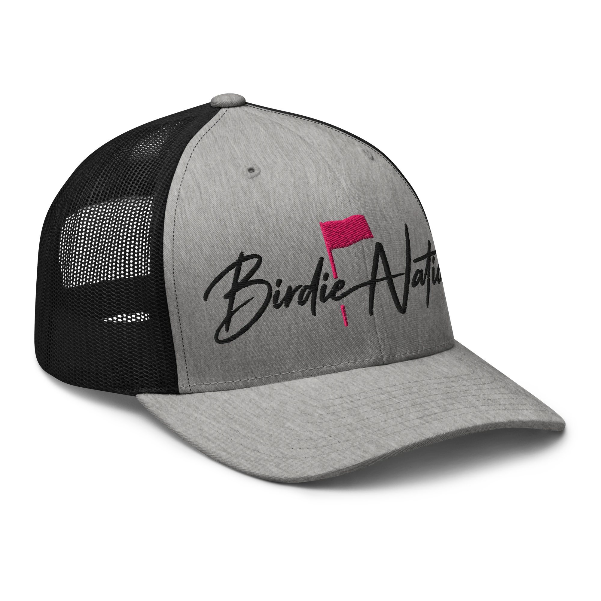Birdie National grey and black trucker hat with mesh back and embroidered logo on the front panel.
