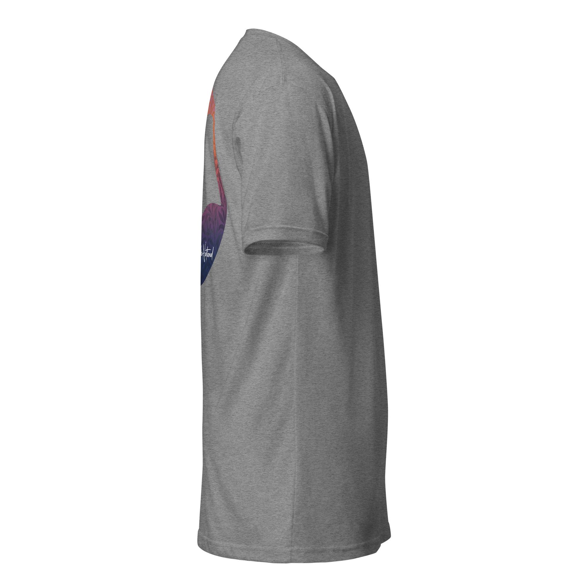 Birdie National grey cotton-poly blend fitted crew neck t-shirt, side view showing a graphic print on the back.