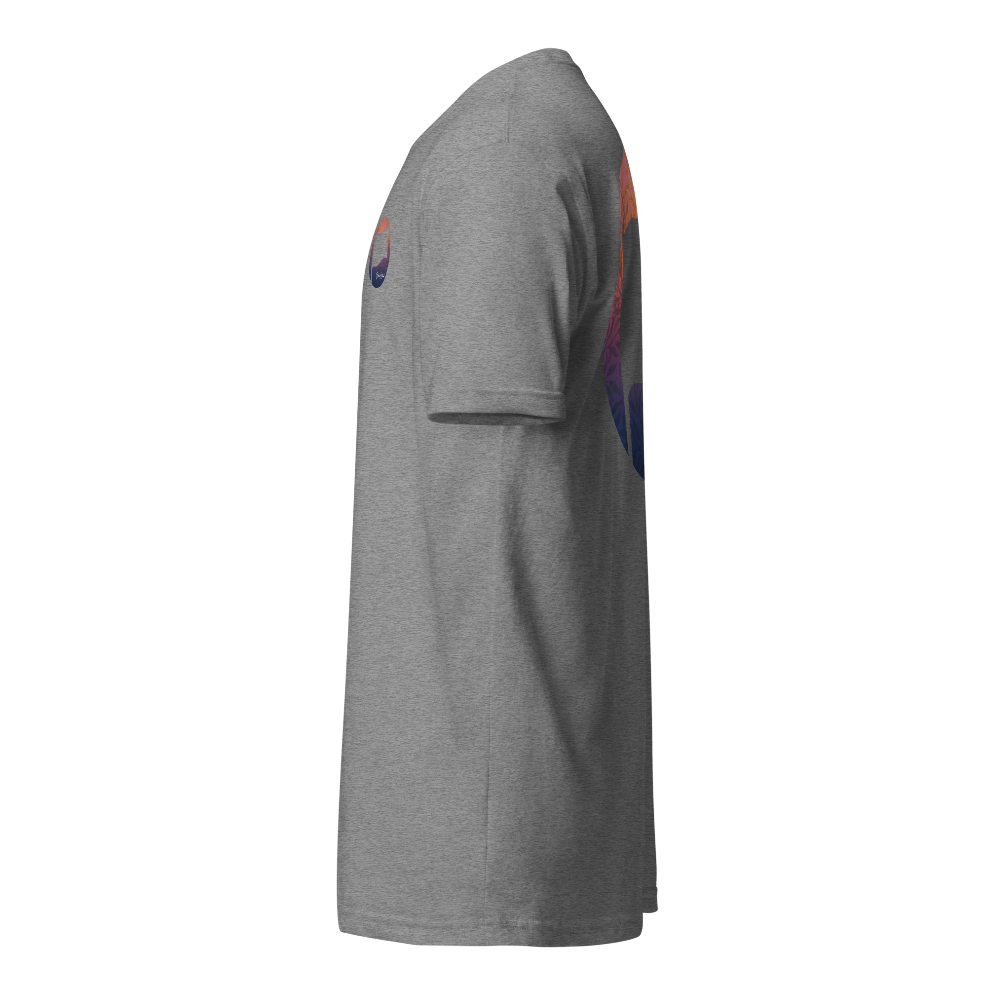 Birdie National unisex fitted crew neck t-shirt in heather grey cotton-poly blend, side view with graphic print