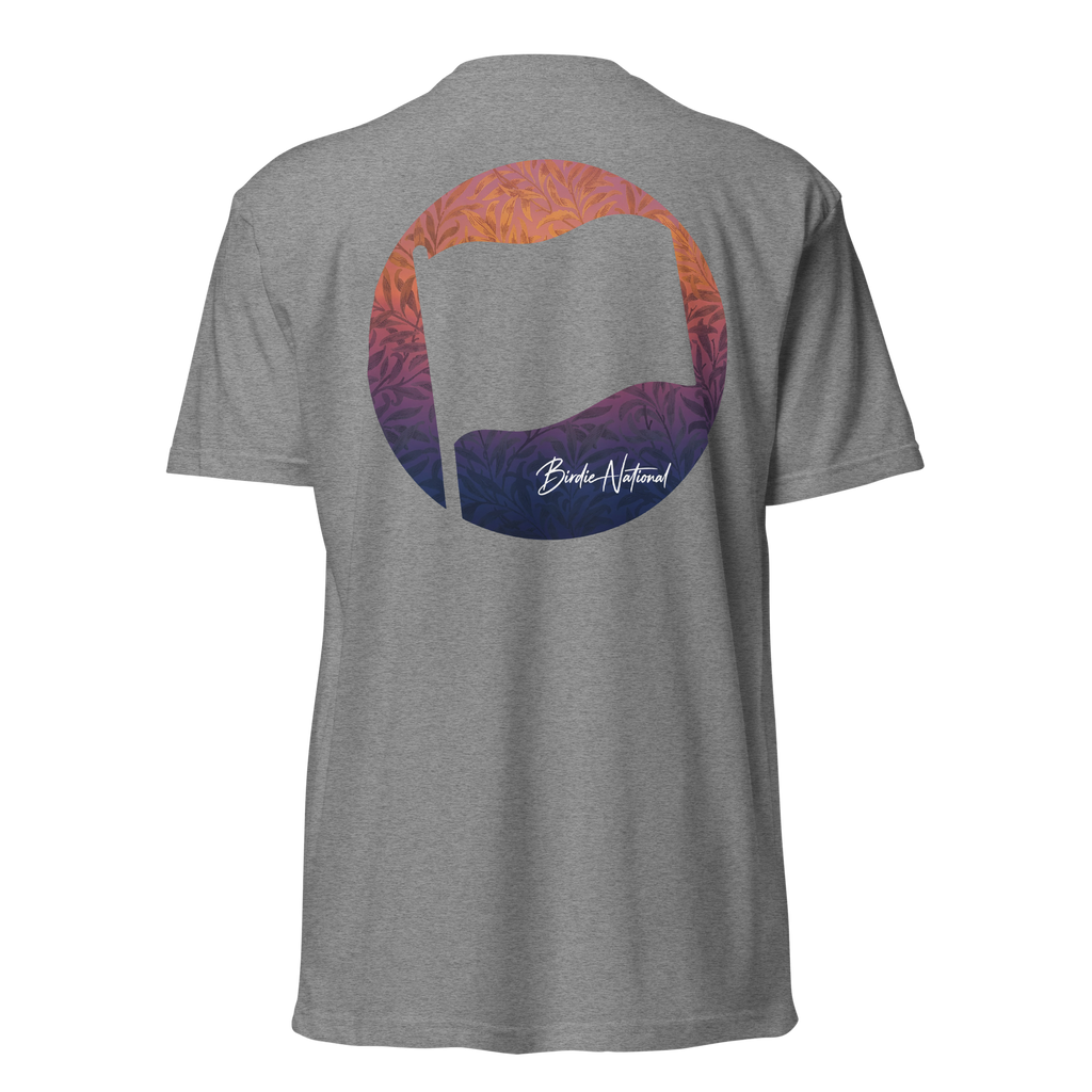 Birdie National grey fitted crew neck t-shirt featuring a circular sunset flag graphic on the back.