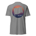 Birdie National grey fitted crew neck t-shirt featuring a circular sunset flag graphic on the back.