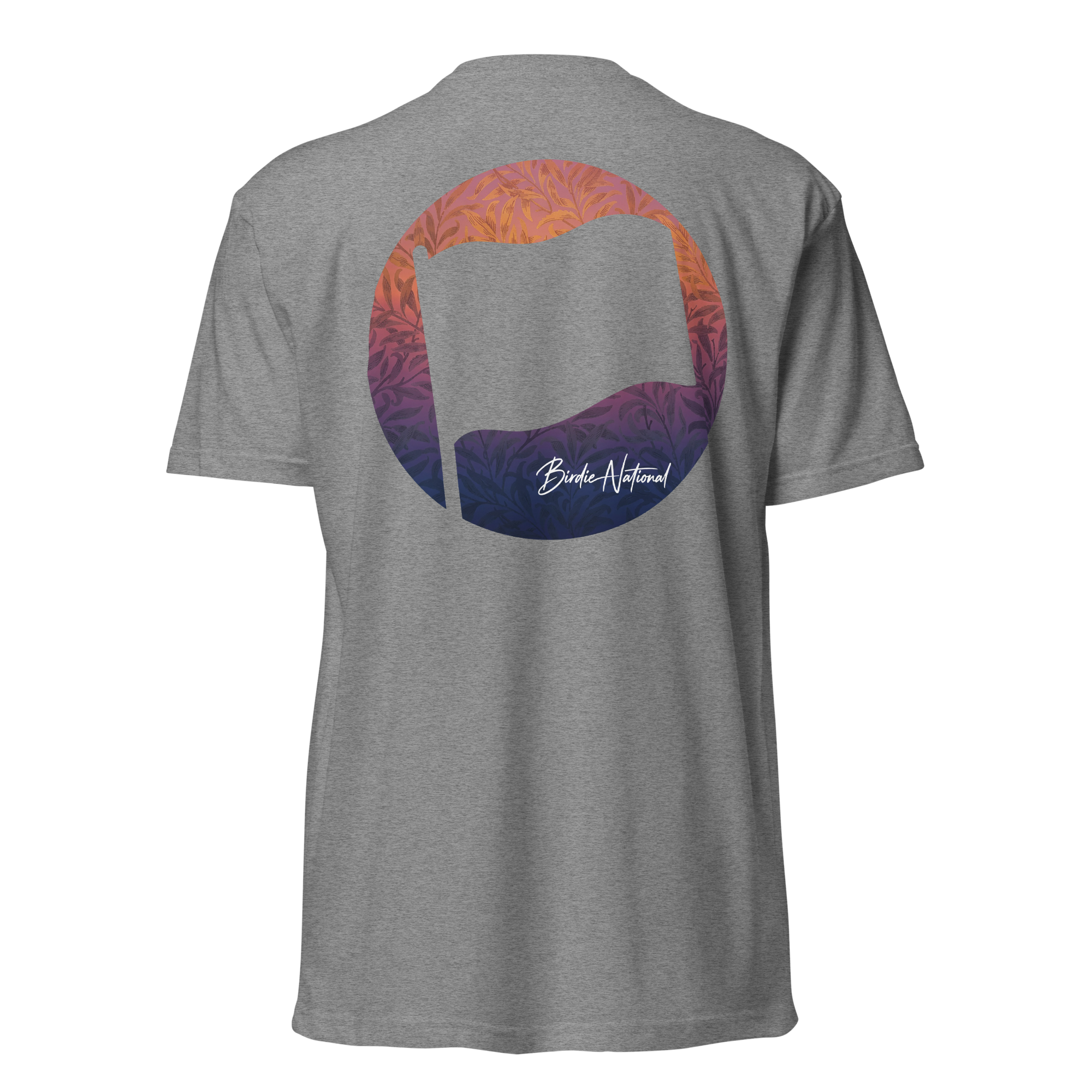 Birdie National grey fitted crew neck t-shirt featuring a circular sunset flag graphic on the back.