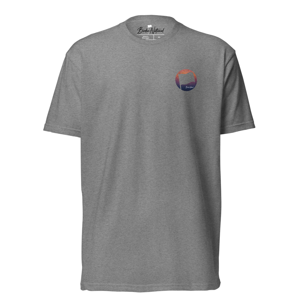 Birdie National grey crew neck t-shirt with a small circular sunset golf flag logo on the chest