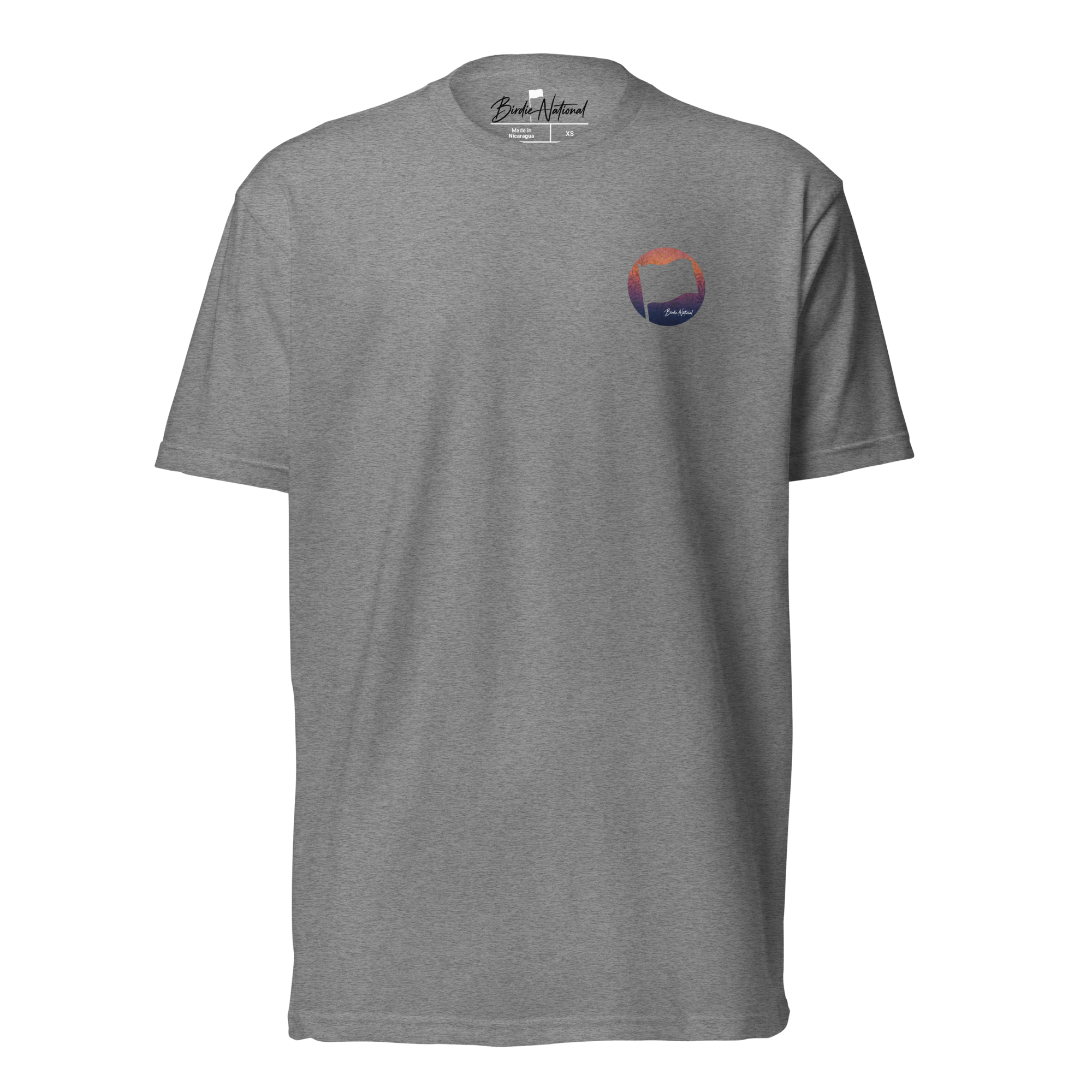 Birdie National grey crew neck t-shirt with a small circular sunset golf flag logo on the chest