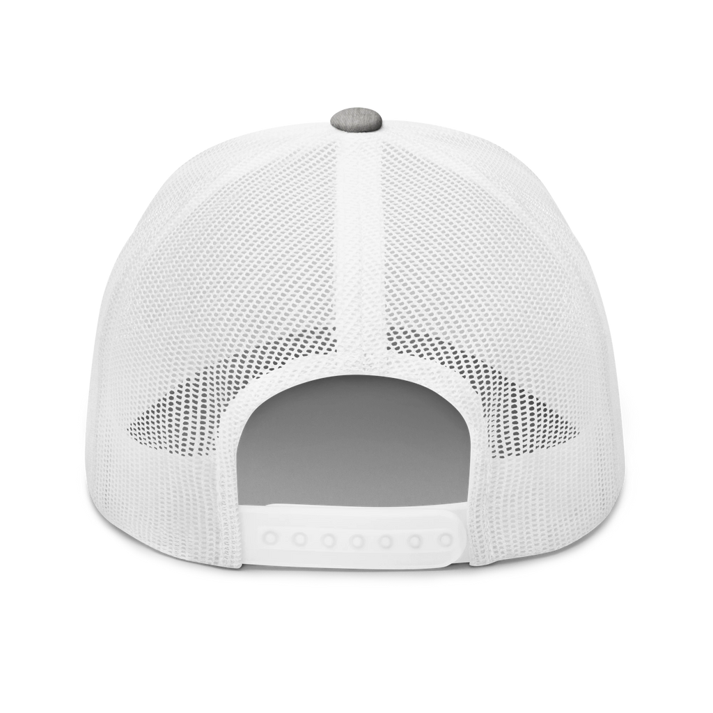 Birdie National grey and white trucker hat with breathable mesh back and adjustable snapback closure