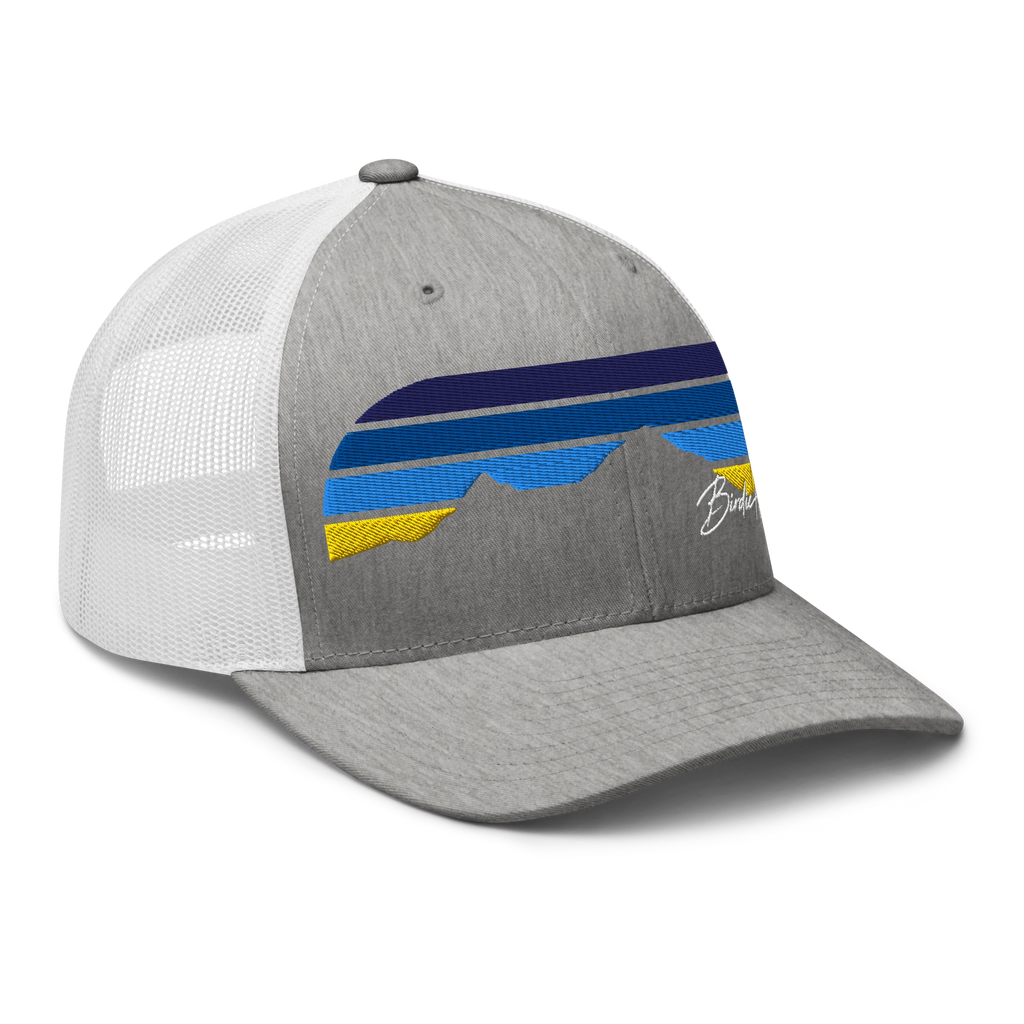 Birdie National grey and white trucker cap with mesh back and mountain-inspired blue and yellow graphic embroidery.