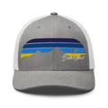 Birdie National grey and white trucker cap with a mesh back and embroidered mountain landscape logo on the front.
