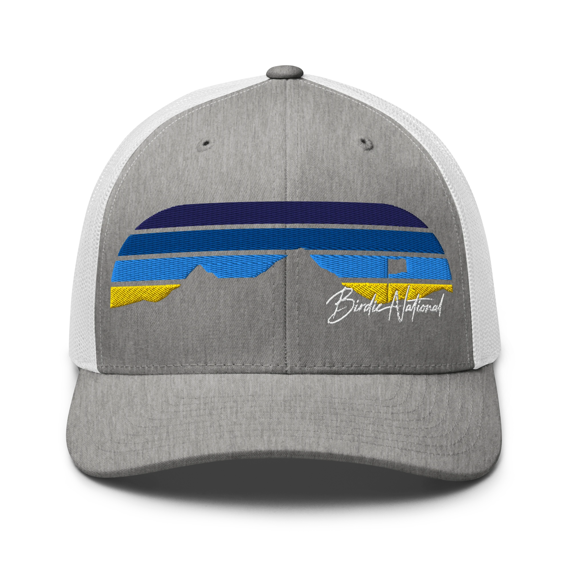 Birdie National grey and white trucker cap with a mesh back and embroidered mountain landscape logo on the front.