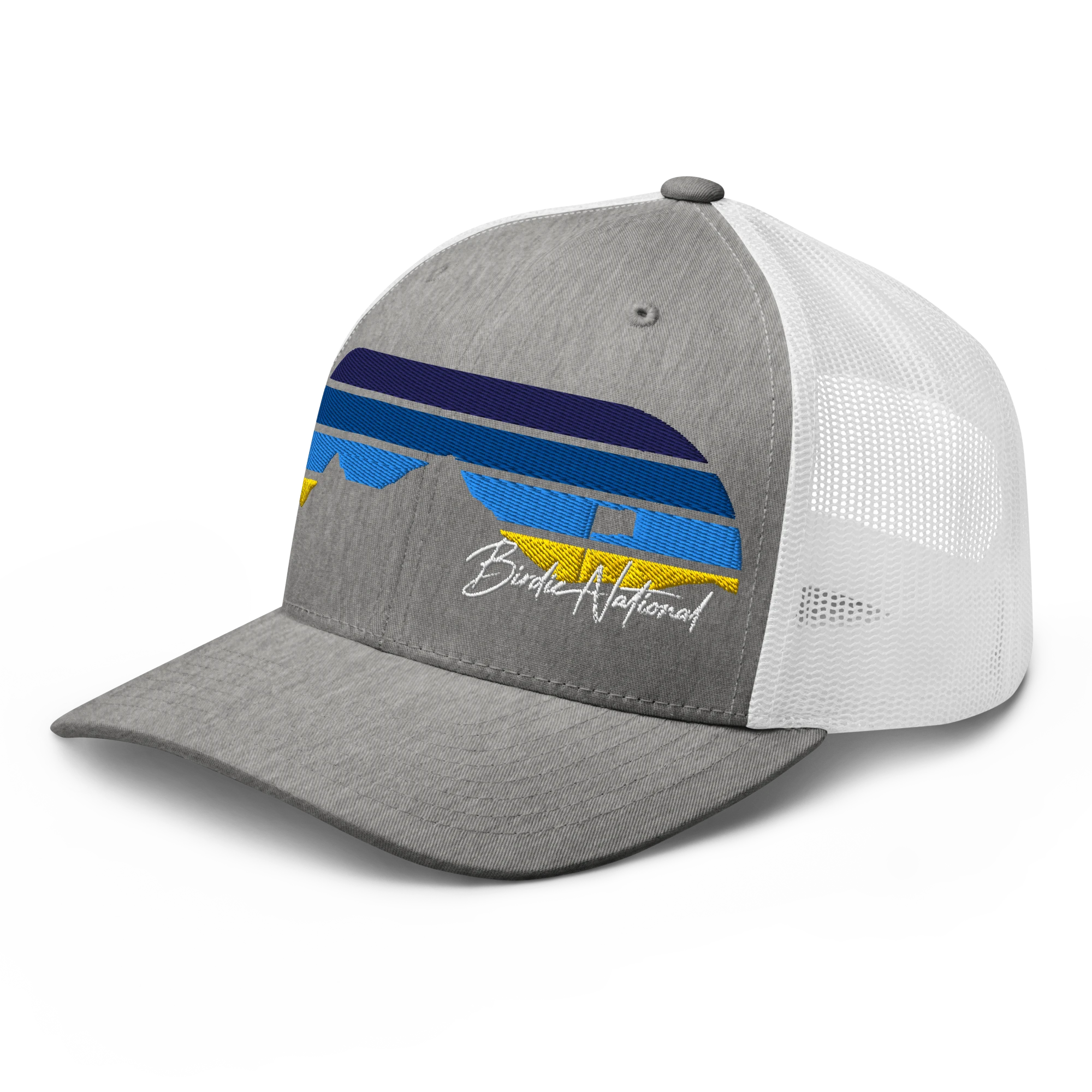 Birdie National grey and white trucker cap with a mountain graphic and mesh back panels