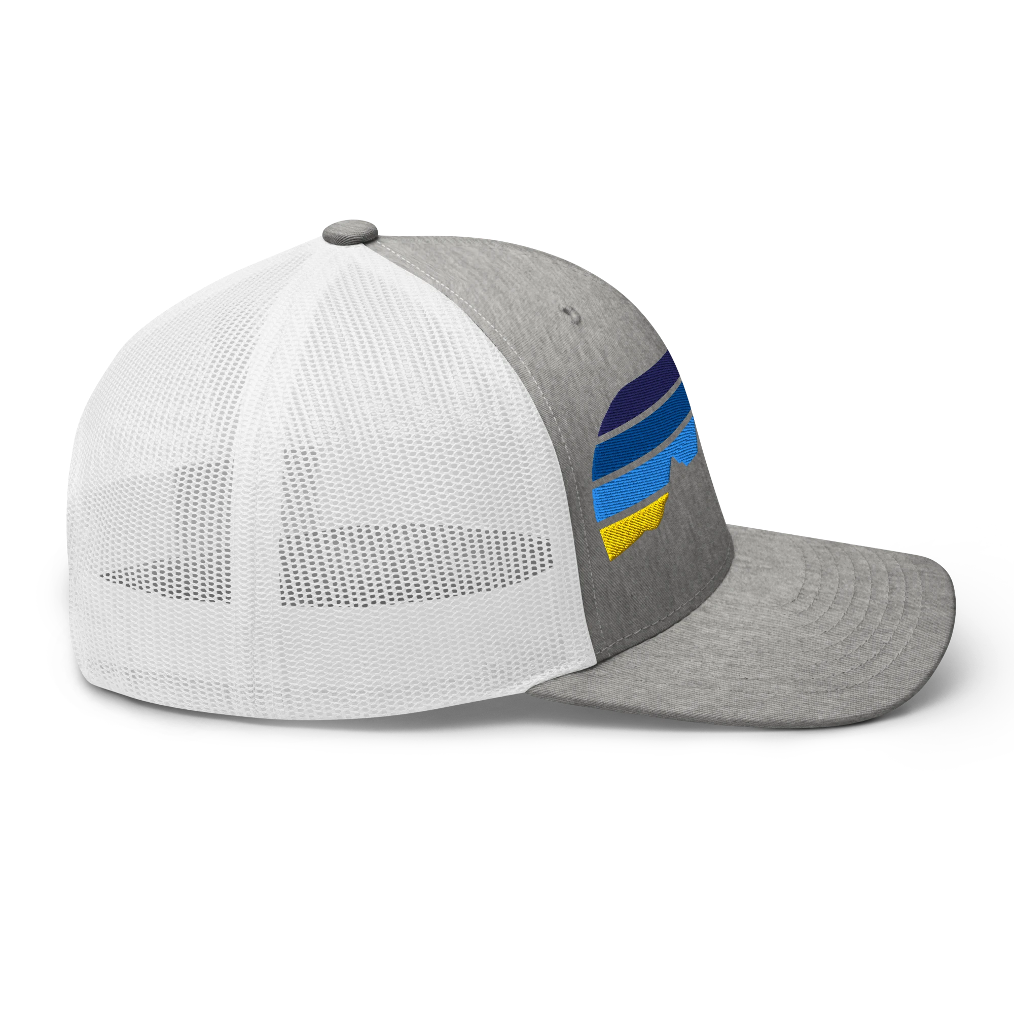 Birdie National grey and white trucker cap with mesh back and mountain graphic embroidery on the side panel