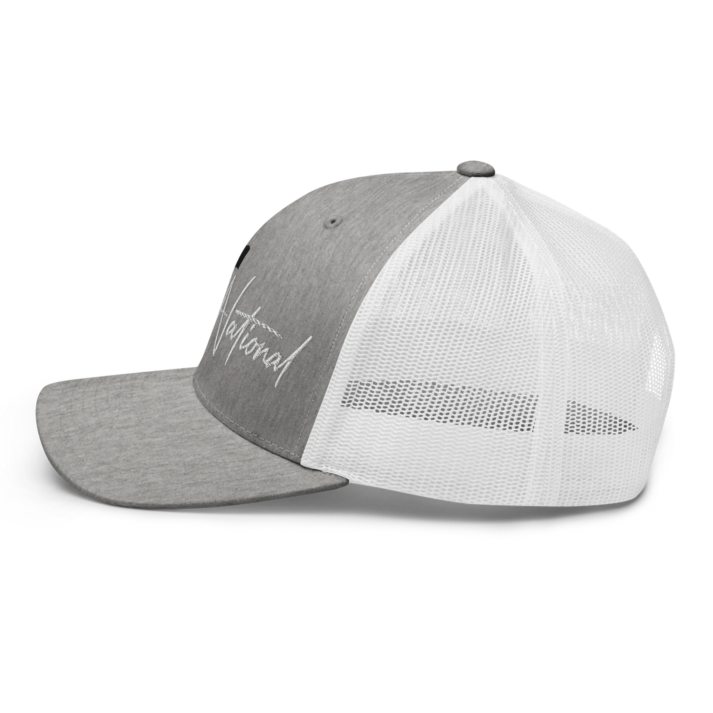 Birdie National grey and white trucker hat with embroidered logo and breathable mesh back, side profile view.