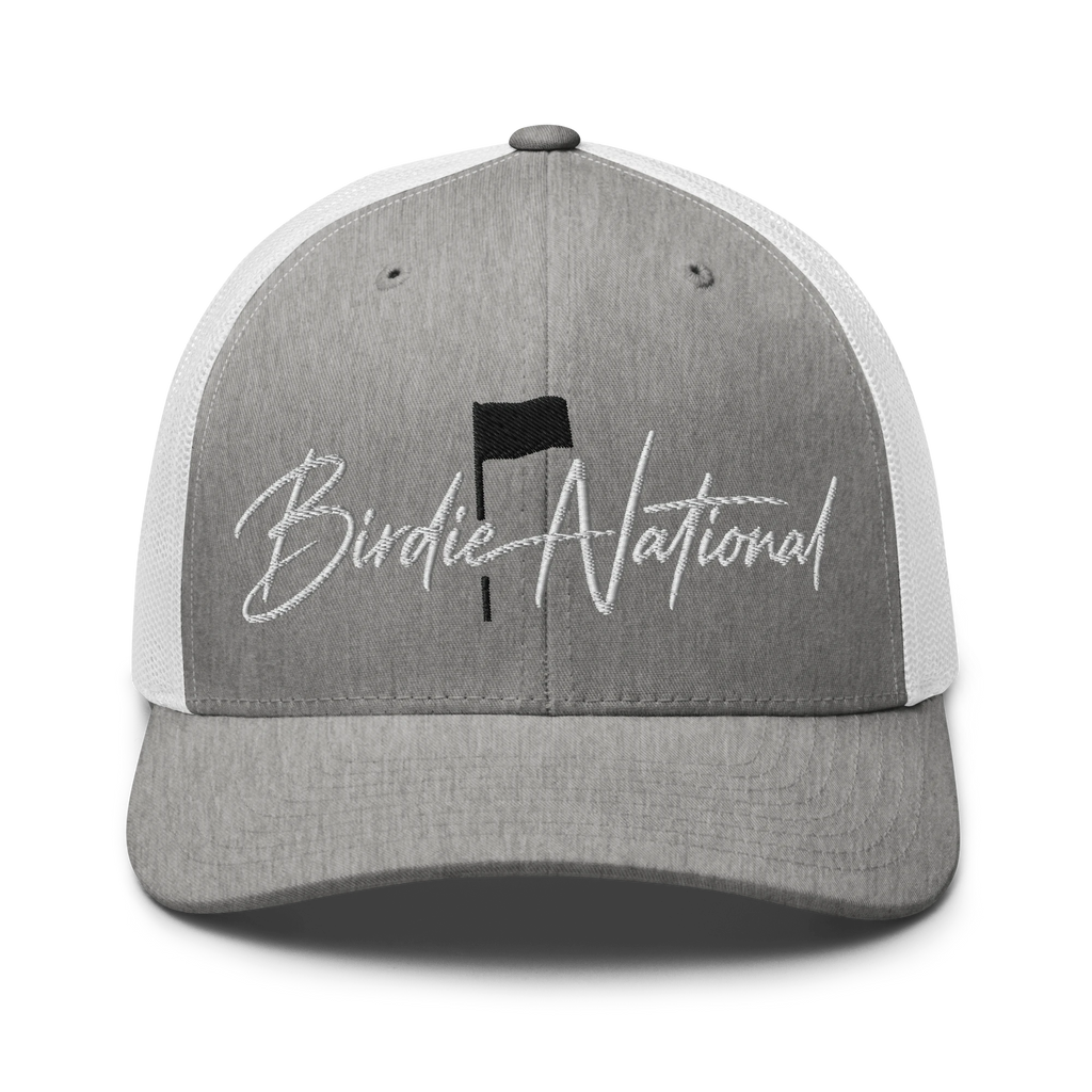 Birdie National grey and white mesh back trucker hat with embroidered logo on the structured front panel.
