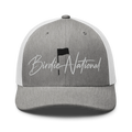 Birdie National grey and white mesh back trucker hat with embroidered logo on the structured front panel.