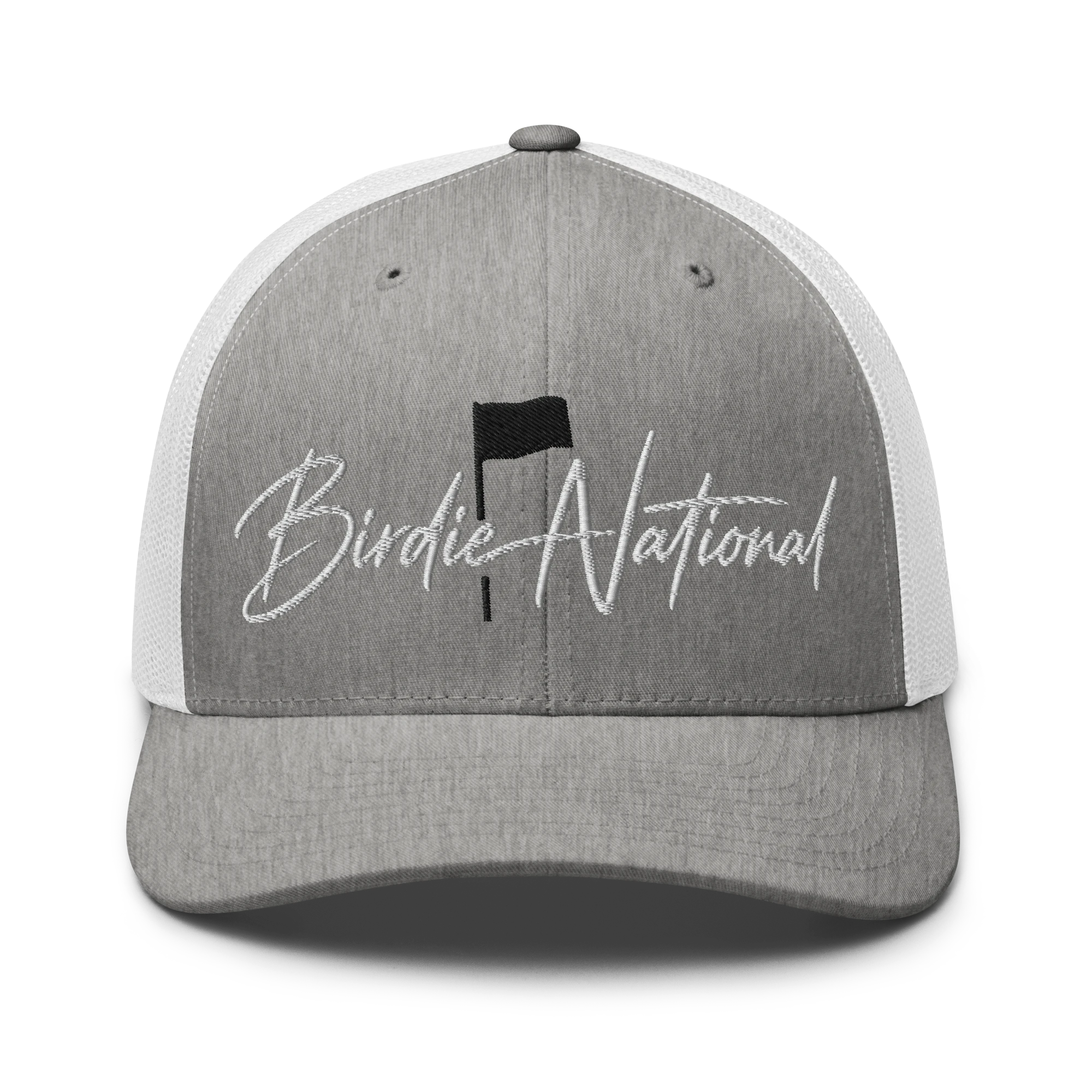 Birdie National grey and white mesh back trucker hat with embroidered logo on the structured front panel.