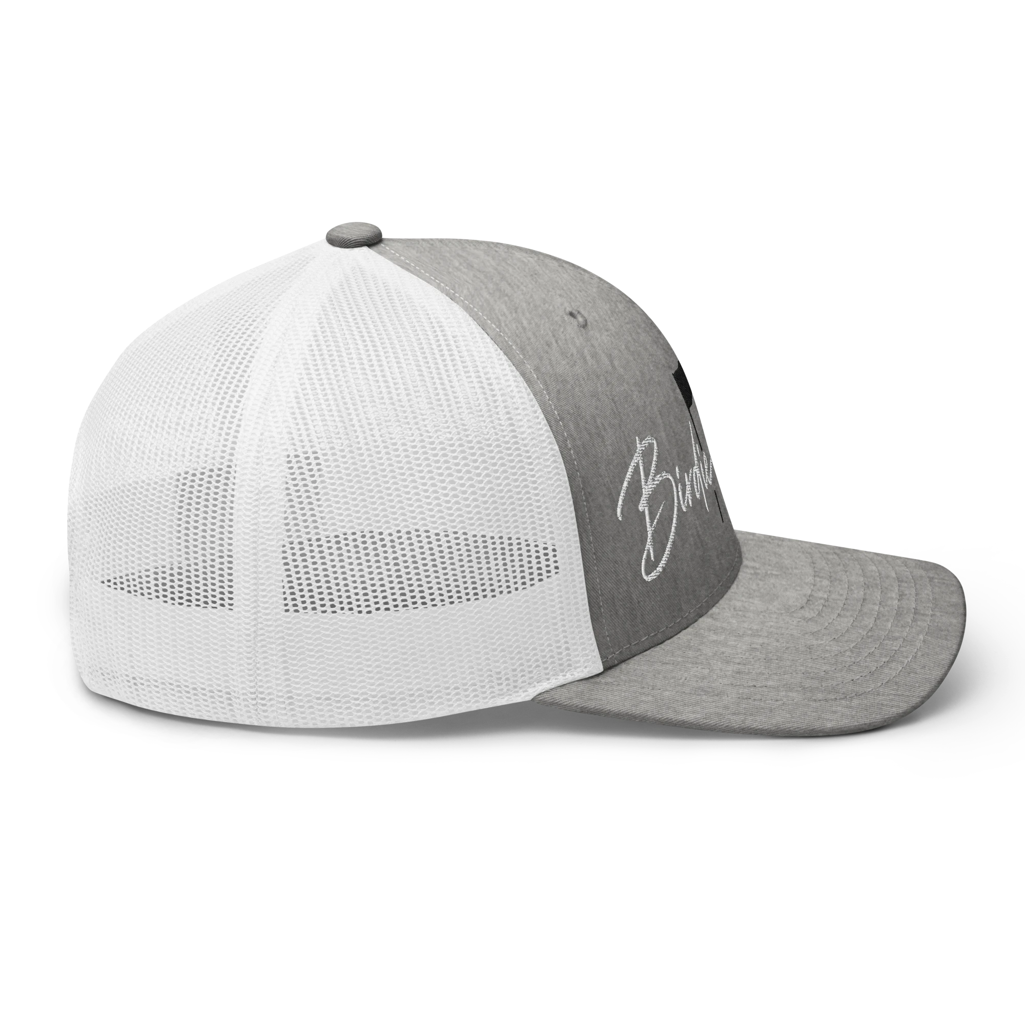 Birdie National grey and white mesh back trucker hat with embroidered logo on the side profile