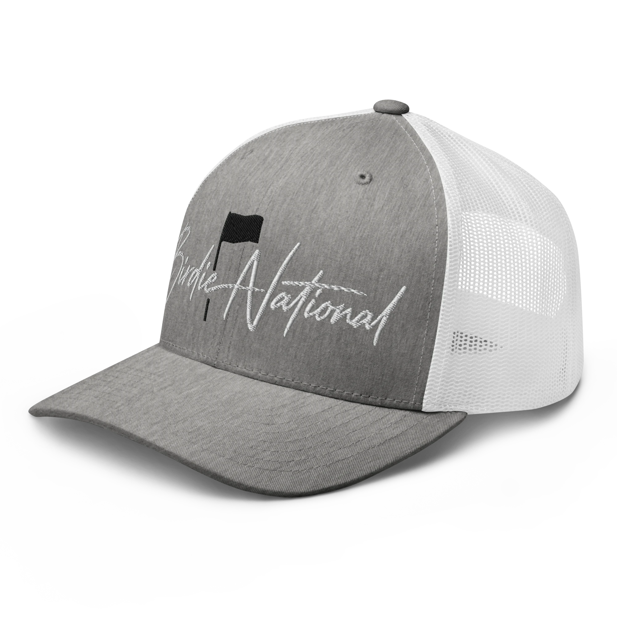 Birdie National grey and white trucker hat with embroidered logo and breathable mesh back panel