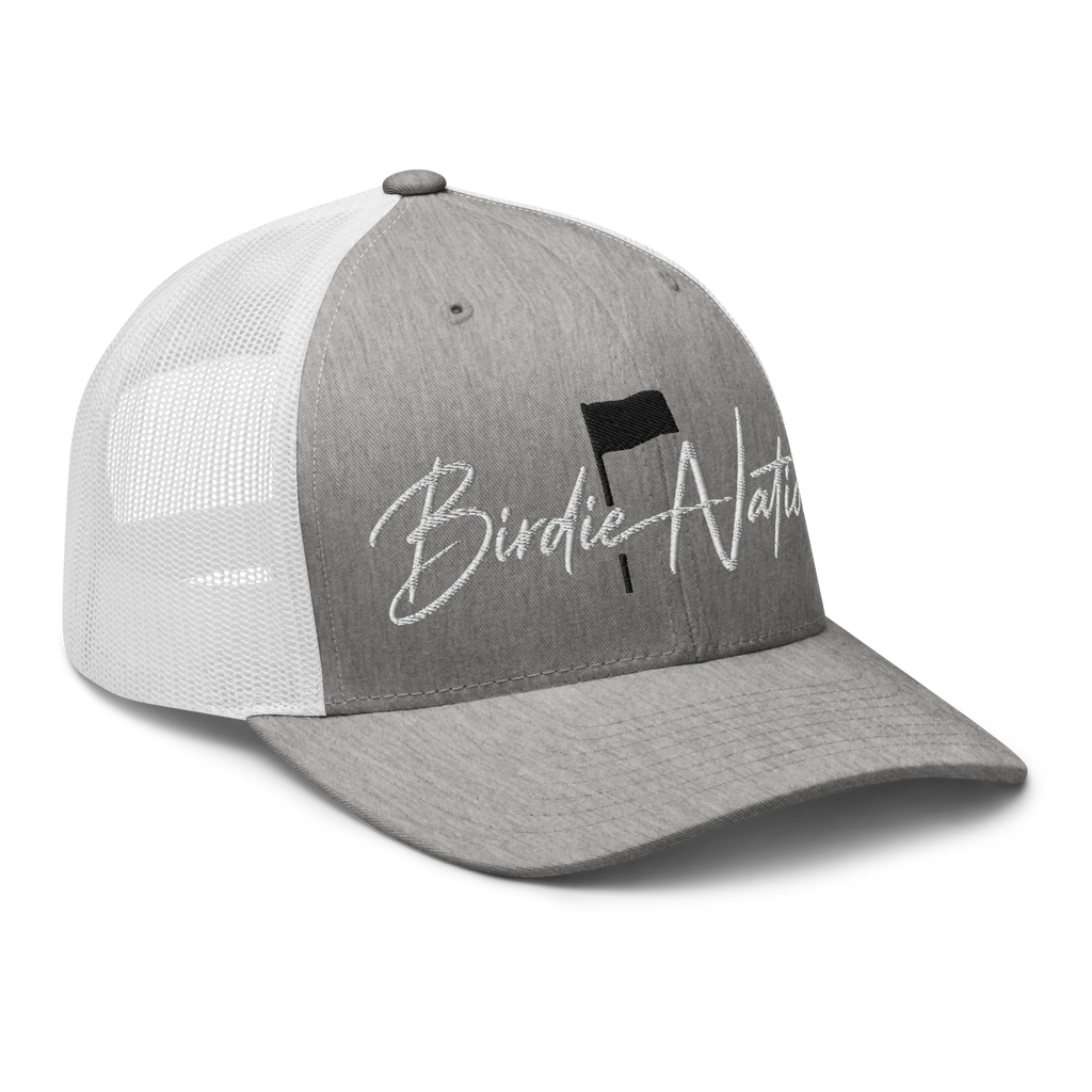 Birdie National grey and white mesh back trucker hat with embroidered golf flag logo and adjustable snapback.