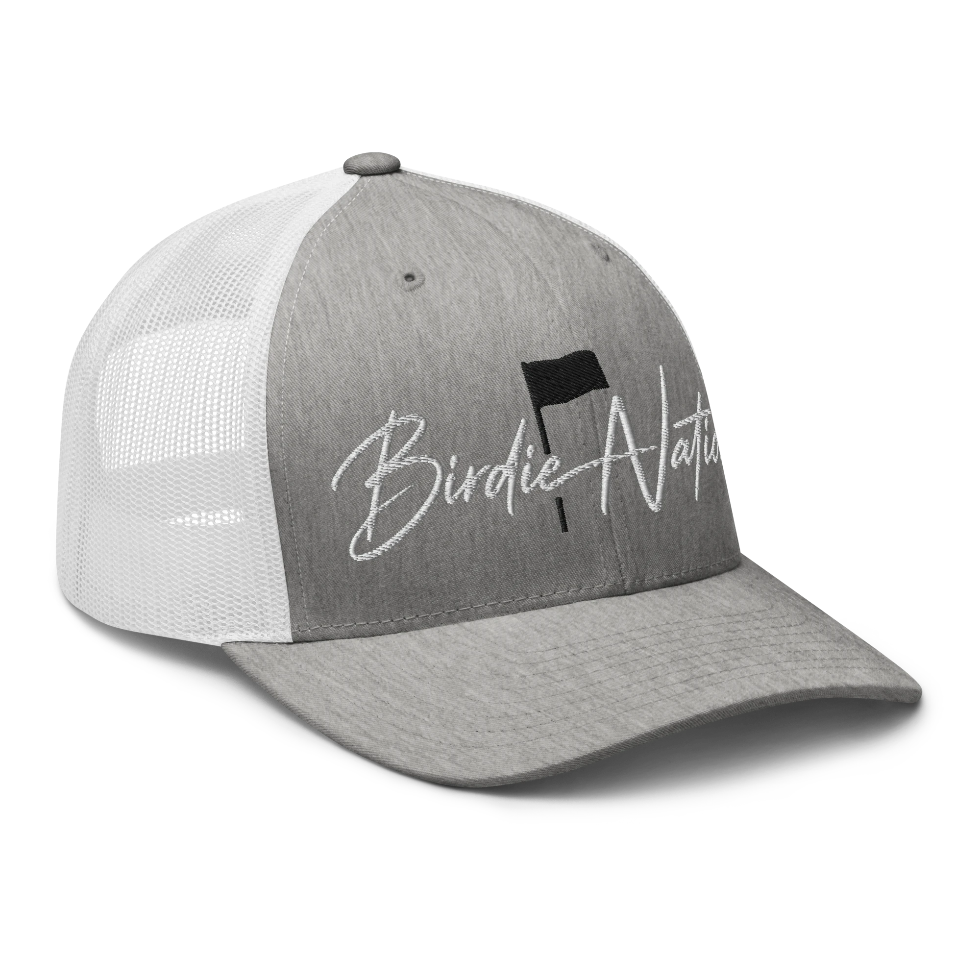 Birdie National grey and white mesh back trucker hat with embroidered golf flag logo and adjustable snapback.