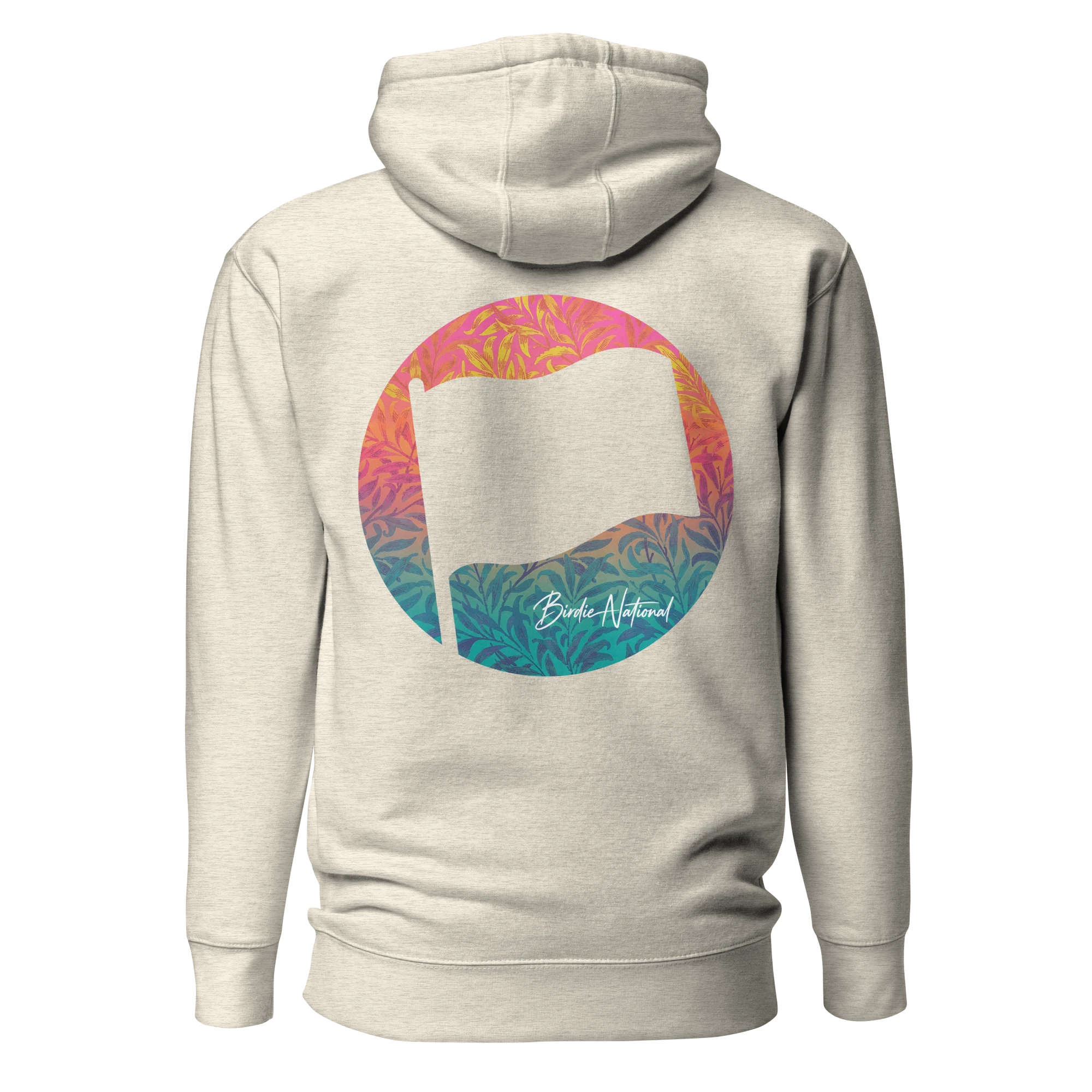 Birdie National unisex hoodie in heather beige with a back print of a flag inside a colorful floral circle