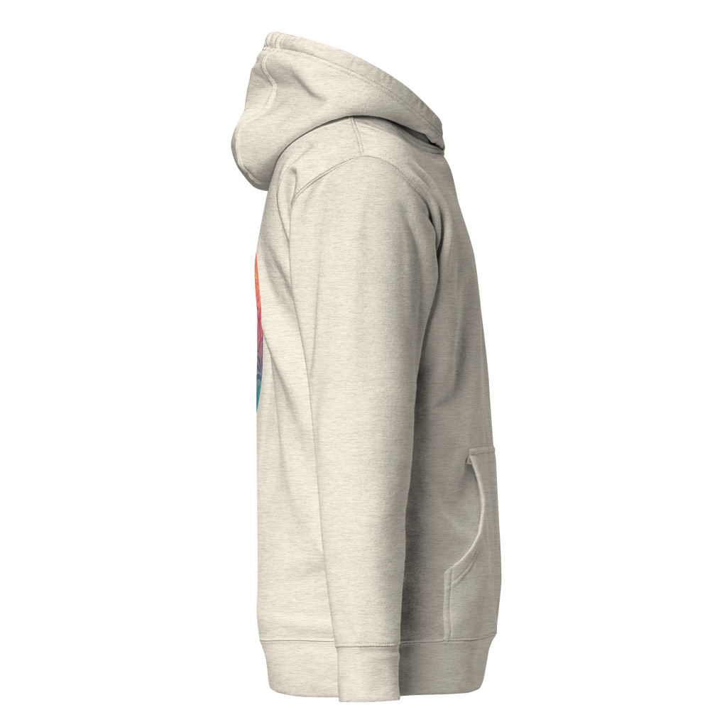 Birdie National unisex hoodie in heather beige cotton blend with a 3-panel hood and front pouch pocket, side view.