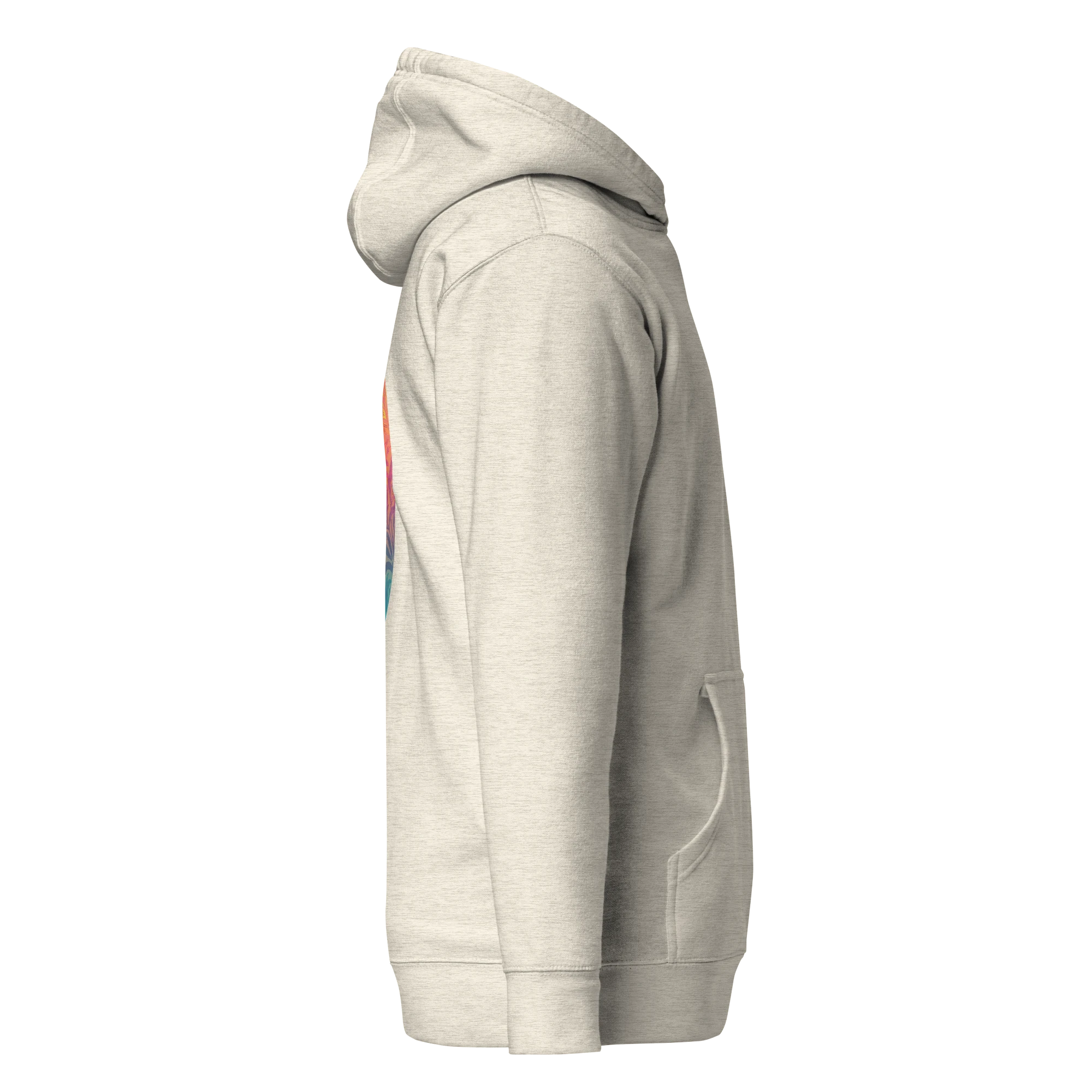 Birdie National unisex hoodie in heather beige cotton blend with a 3-panel hood and front pouch pocket, side view.