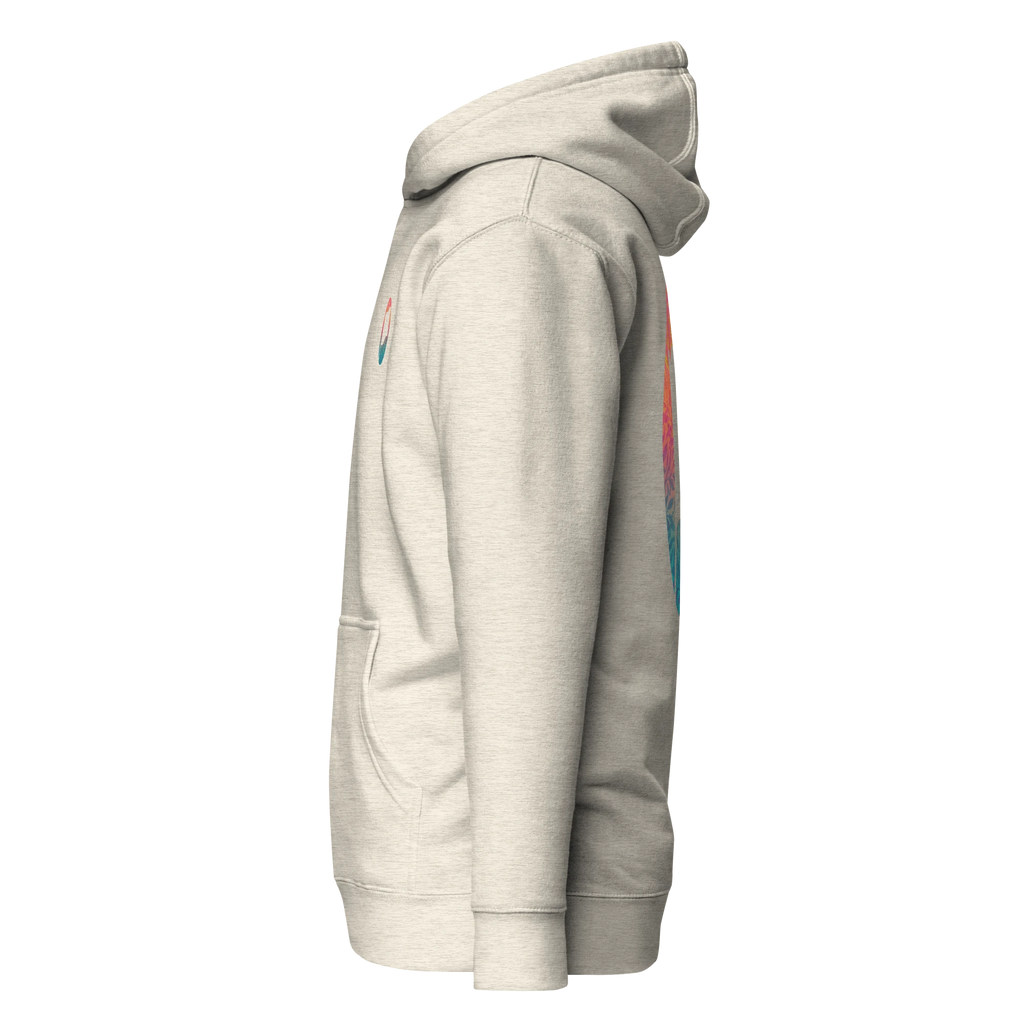 Birdie National unisex hoodie in heather beige with a 3-panel hood and front pouch pocket, side profile view.