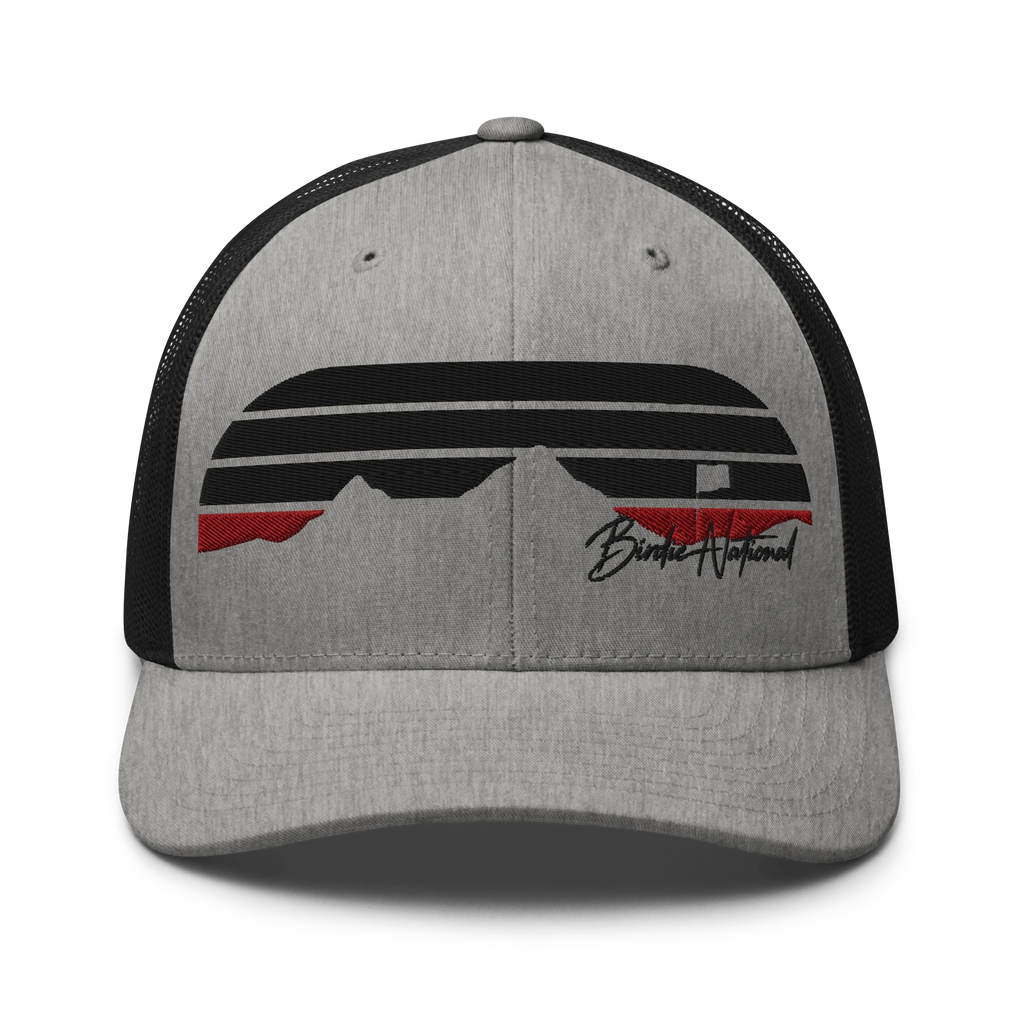 Birdie National six-panel trucker cap in heather grey with black mesh back and mountain landscape embroidery
