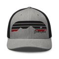 Birdie National six-panel trucker cap in heather grey with black mesh back and mountain landscape embroidery