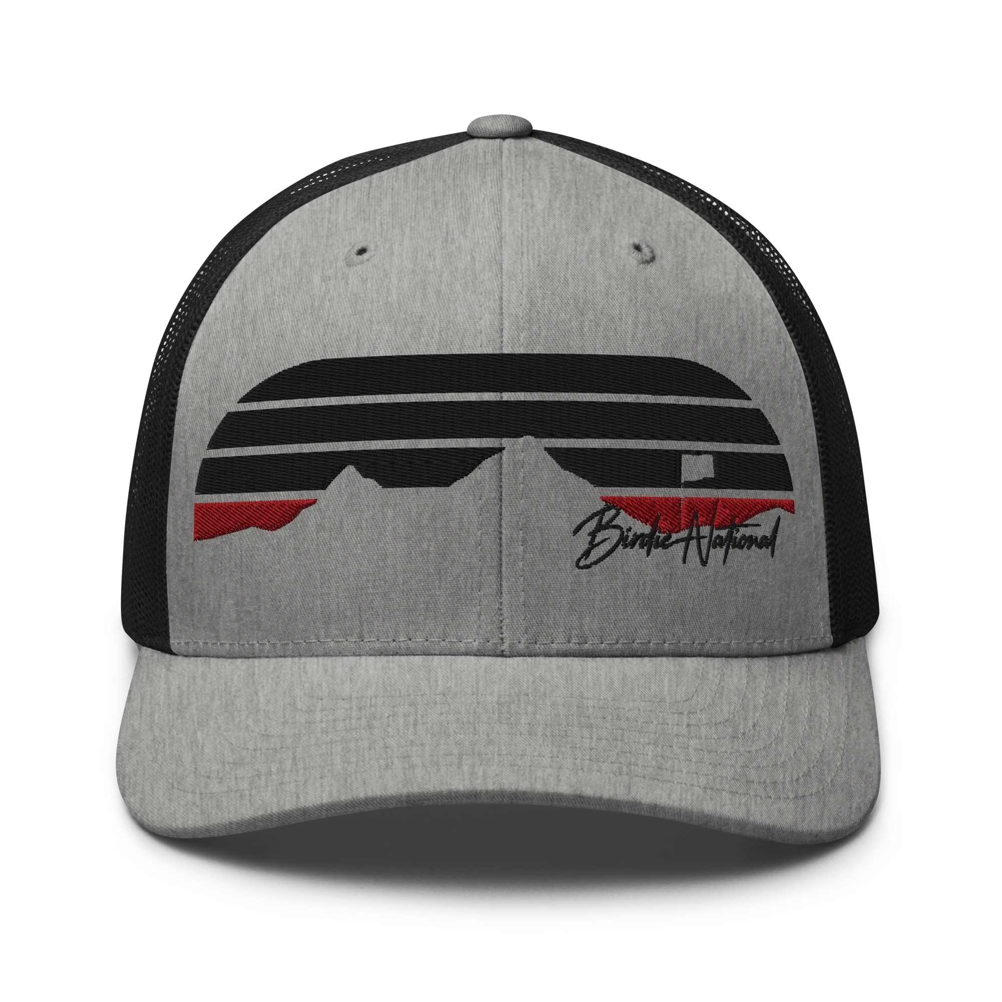 Birdie National six-panel trucker cap in heather grey with black mesh back and mountain landscape embroidery