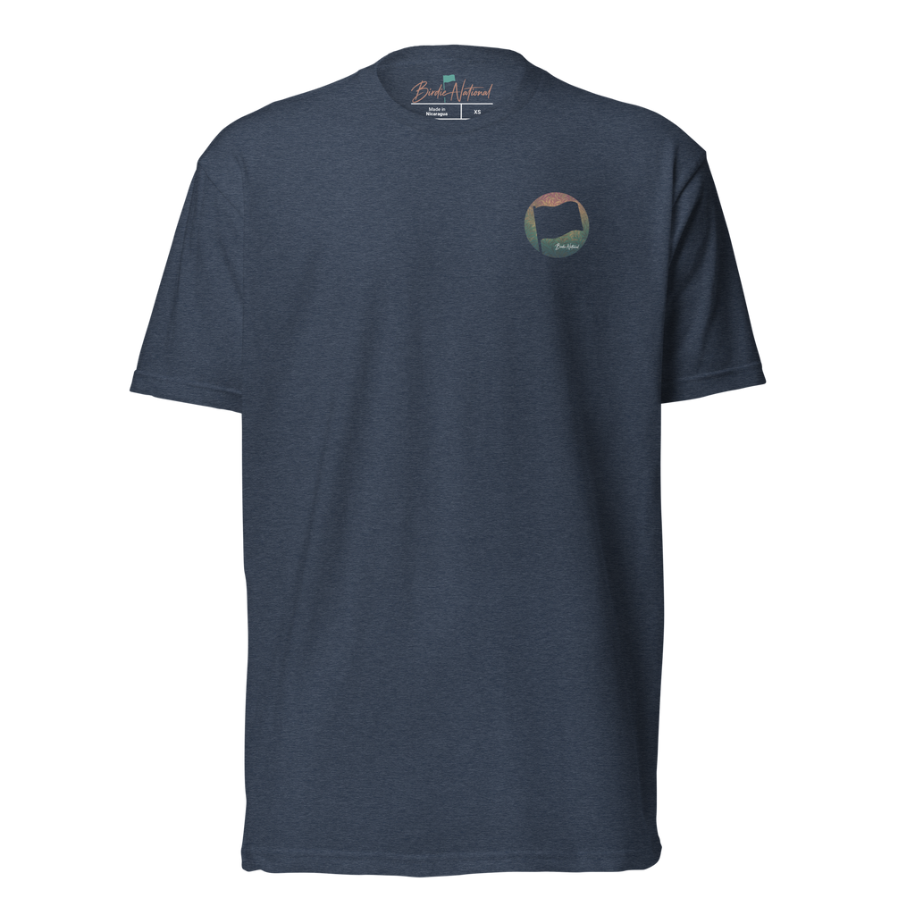 Birdie National unisex fitted crew neck t-shirt in heather navy blue with a small circular logo on the chest.