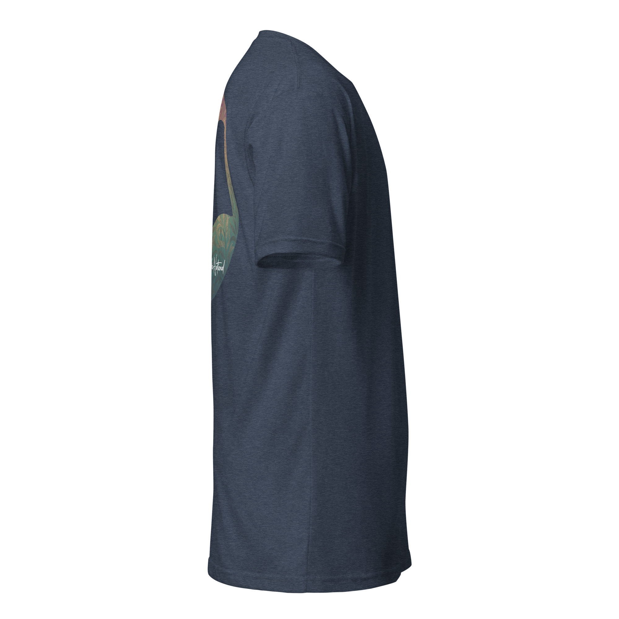 Birdie National unisex fitted crew neck t-shirt in navy heather cotton-poly blend, side view with graphic print.