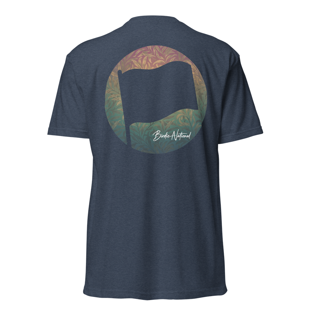Birdie National unisex fitted navy t-shirt with a circular flag graphic and leaf pattern on the back.