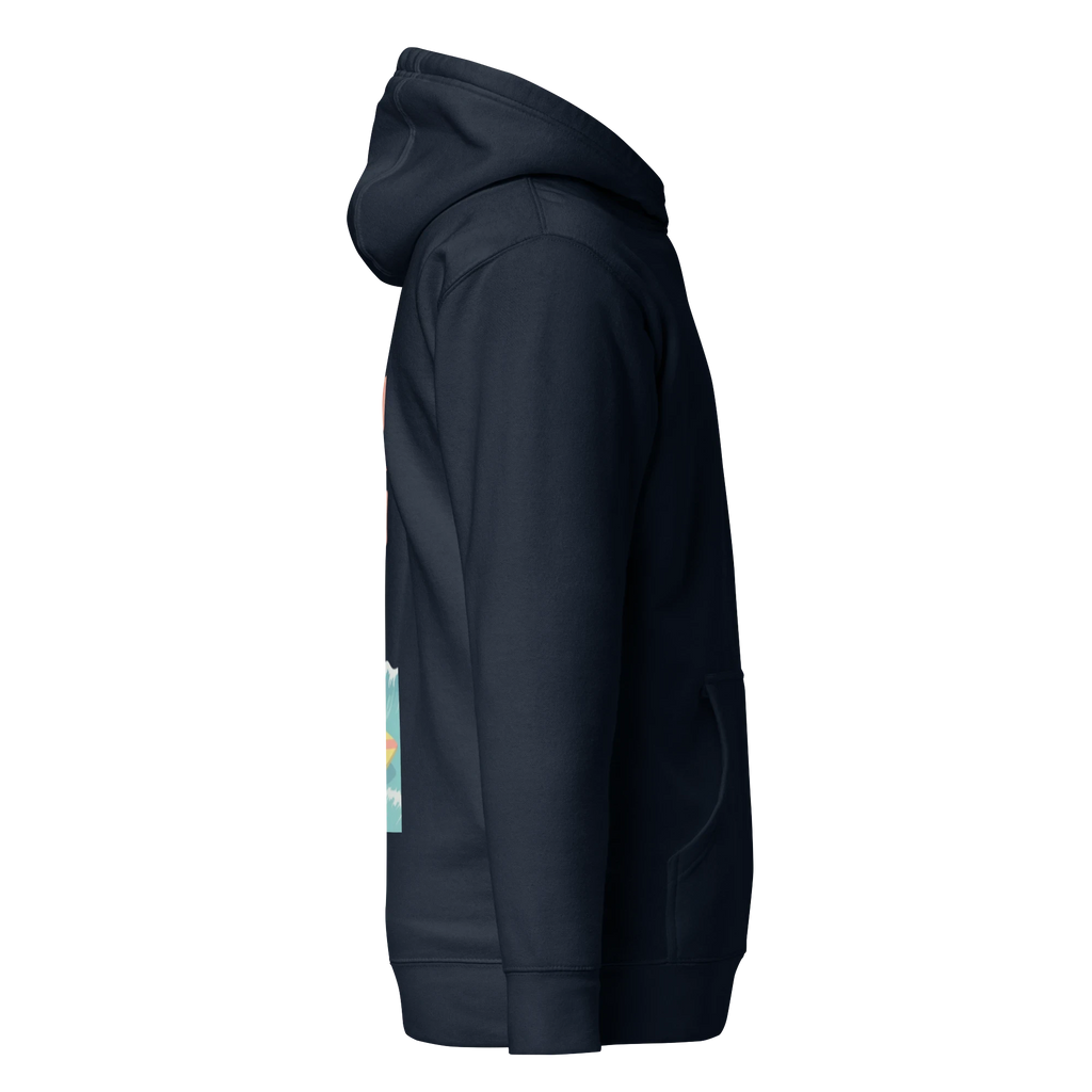 Birdie National navy cotton blend hoodie with side view of surfing pelican graphic and kangaroo pocket