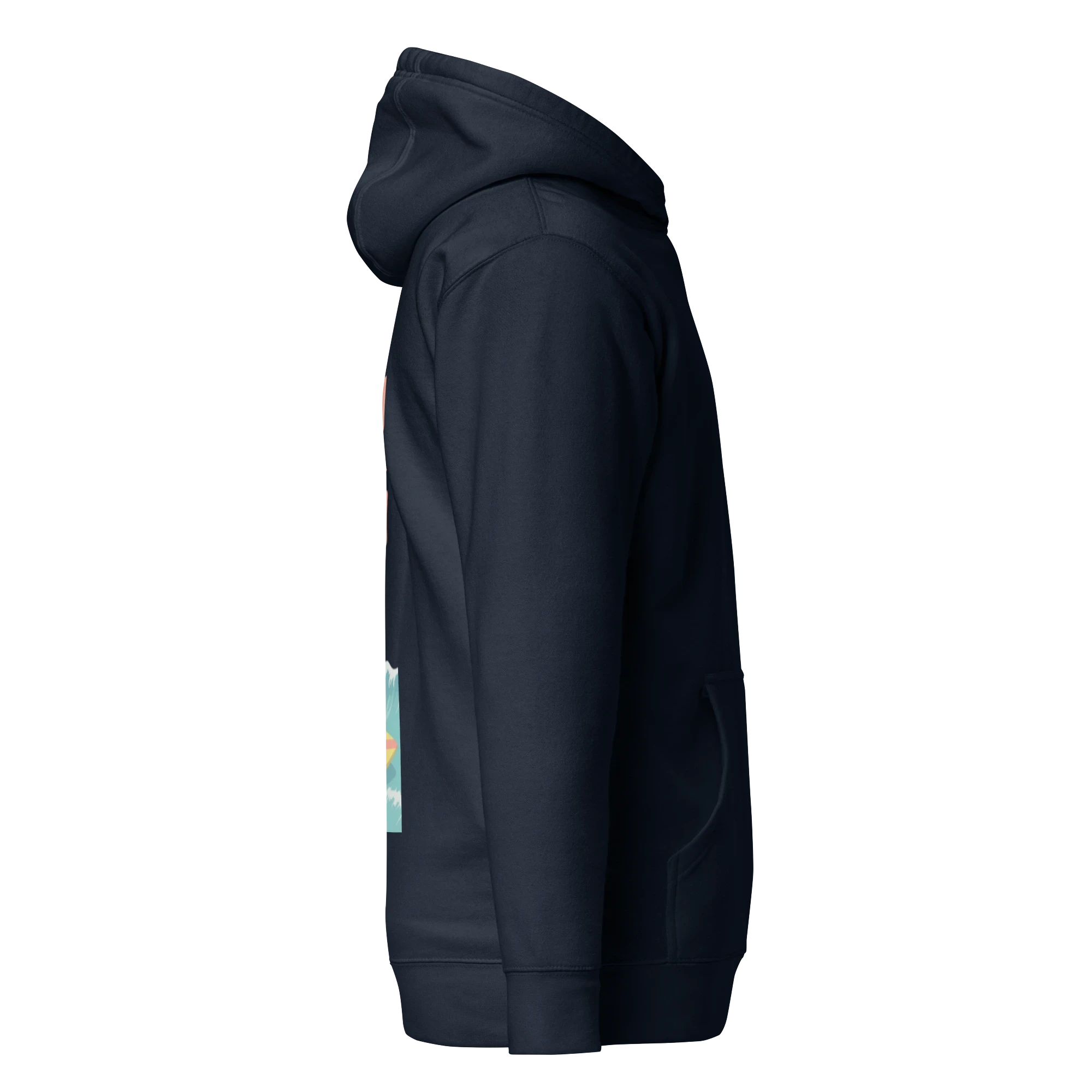 Birdie National navy cotton blend hoodie with side view of surfing pelican graphic and kangaroo pocket