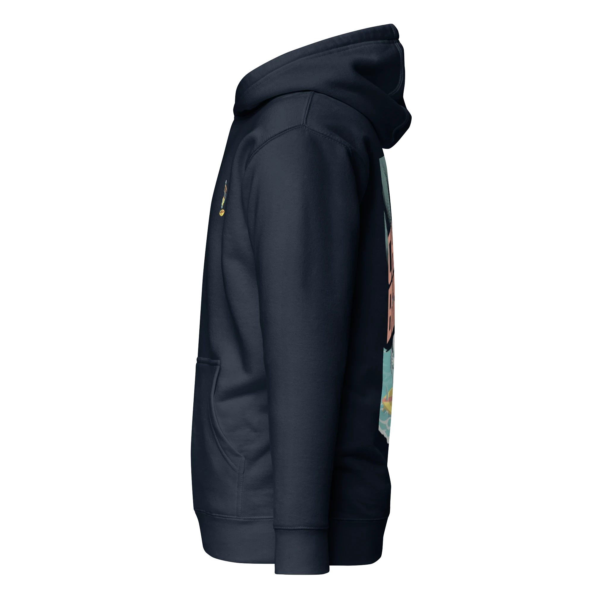 Birdie National navy hoodie with a side view showing the surfing pelican graphic on the back and kangaroo pocket.