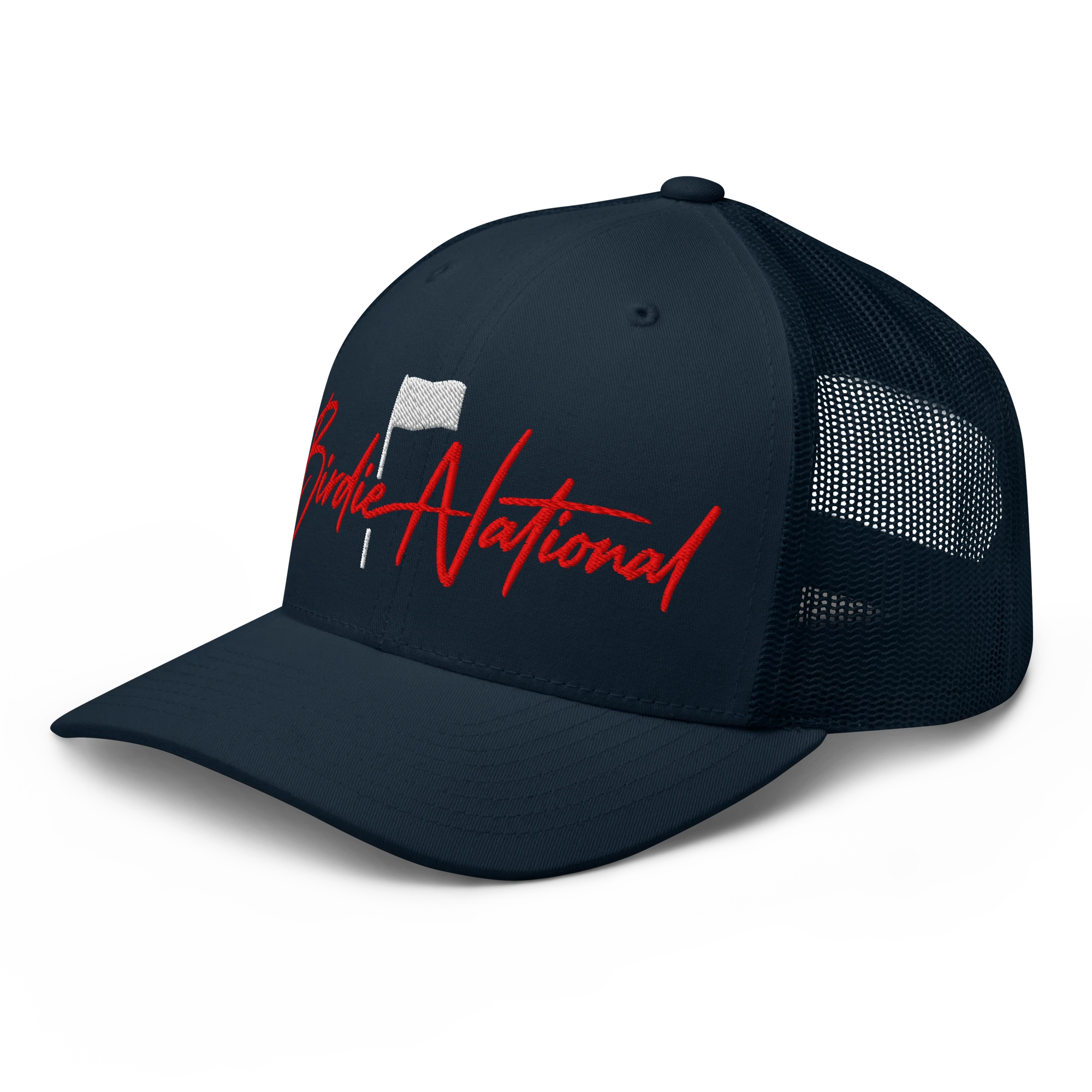Birdie National navy blue trucker hat with breathable mesh back and red embroidered logo on the structured front.