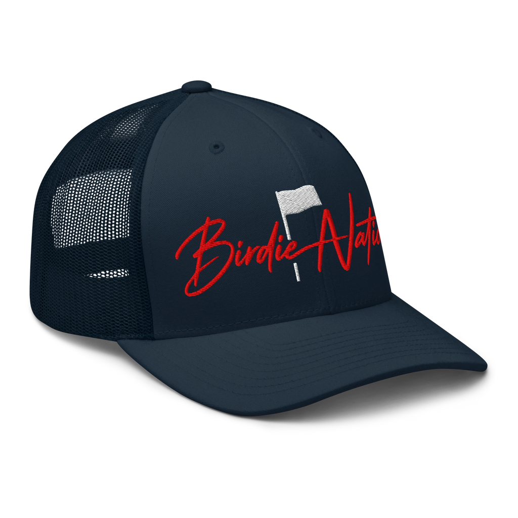 Birdie National navy blue trucker hat with breathable mesh back and red embroidered golf flag logo on front panel