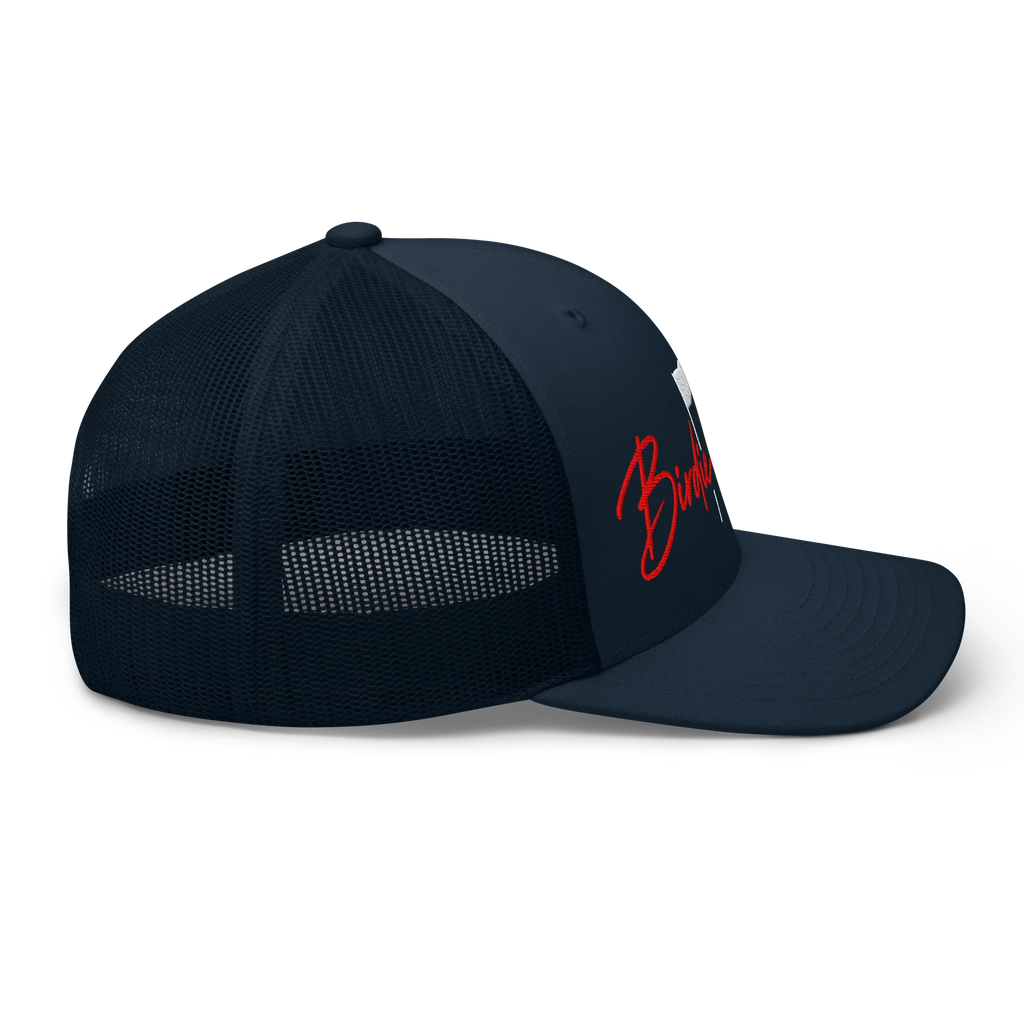 Birdie National navy blue trucker hat with breathable mesh back and red embroidered logo on the side profile